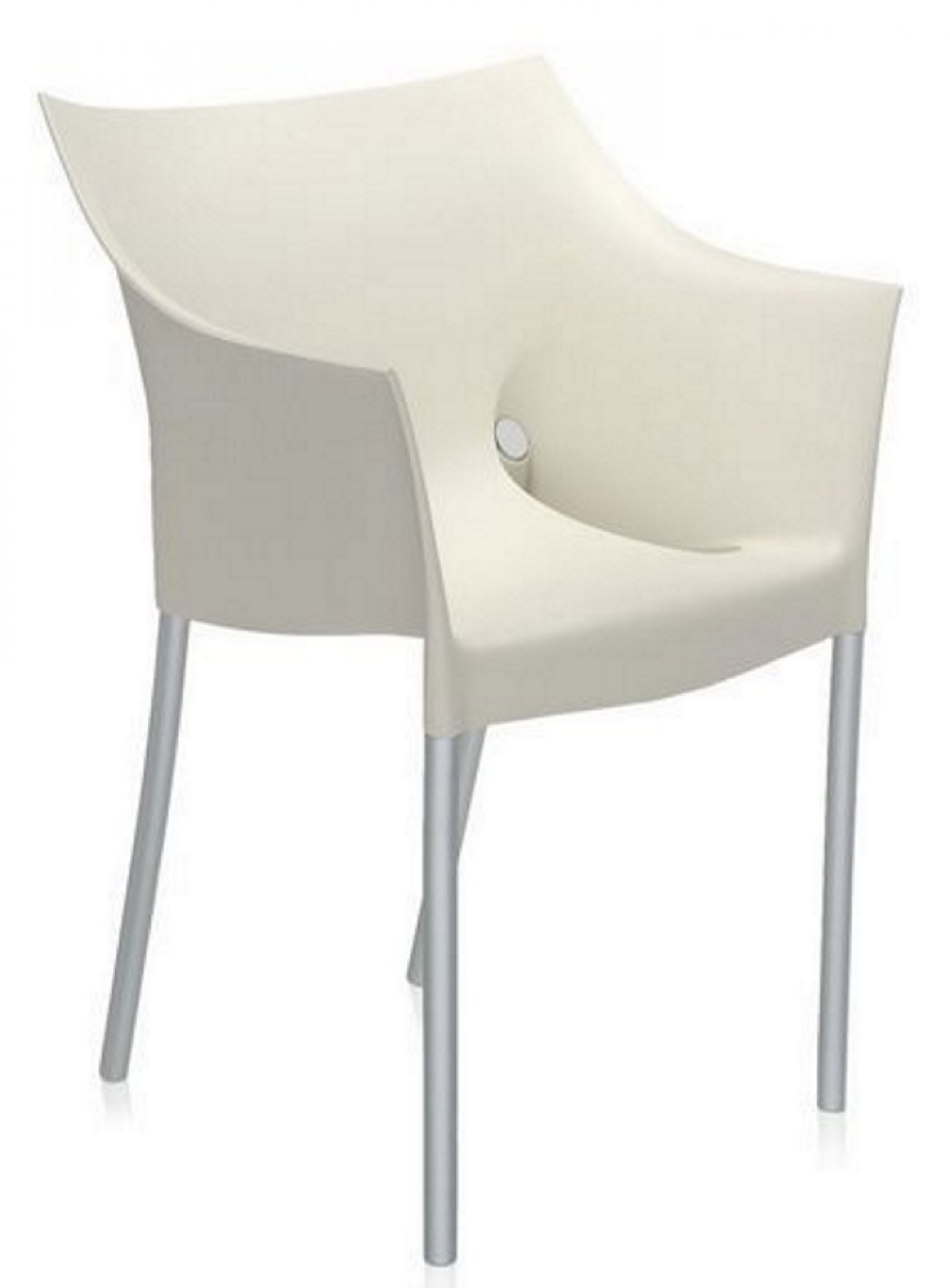 Dr. No Stuhl von Kartell in Wachsweiß: Moderner Designstuhl mit Armlehnen und silbernen Beinen.