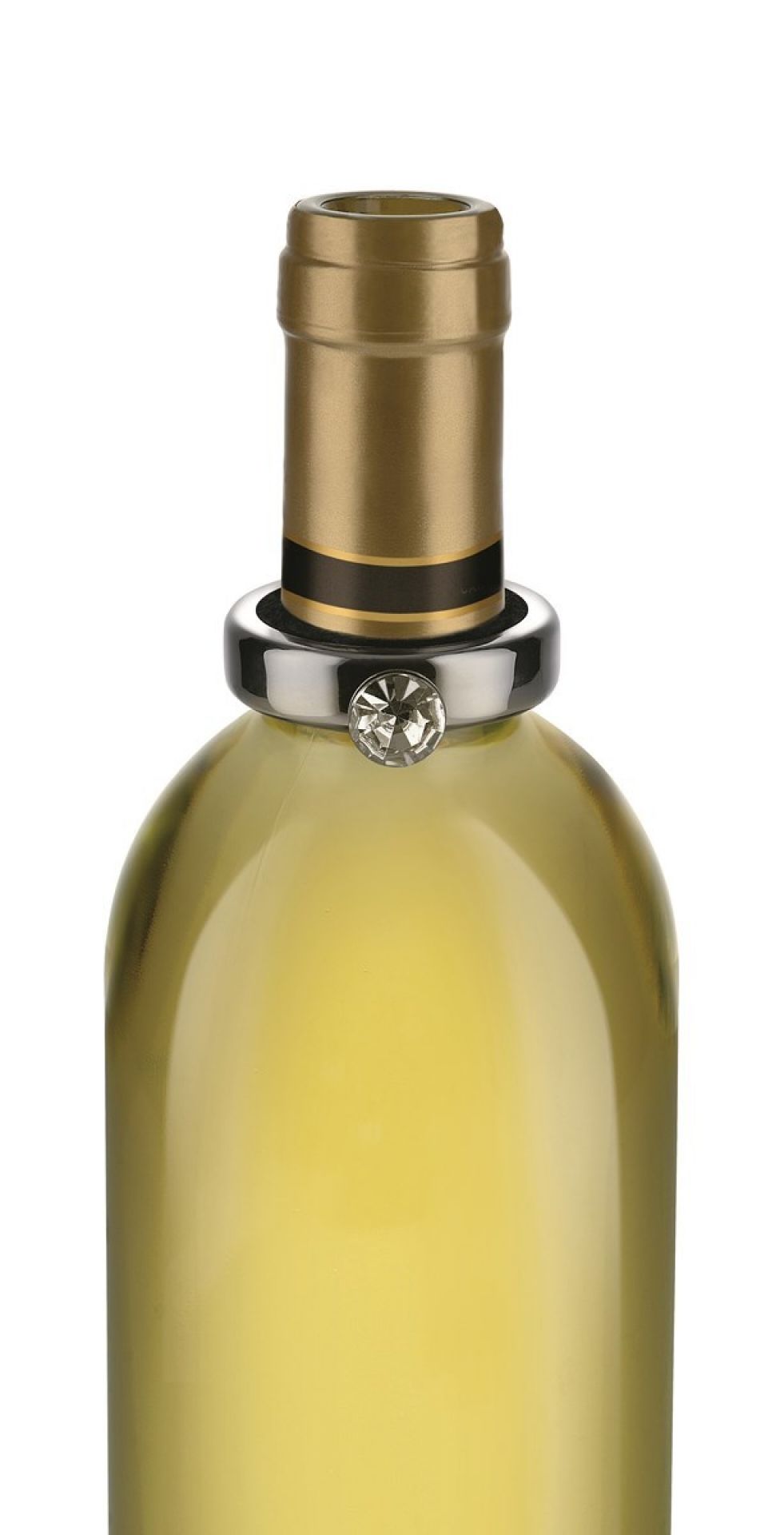 Nahaufnahme: Flasche mit Noè Tropfring von Alessi, verziert mit einem funkelnden Schmuckstein.