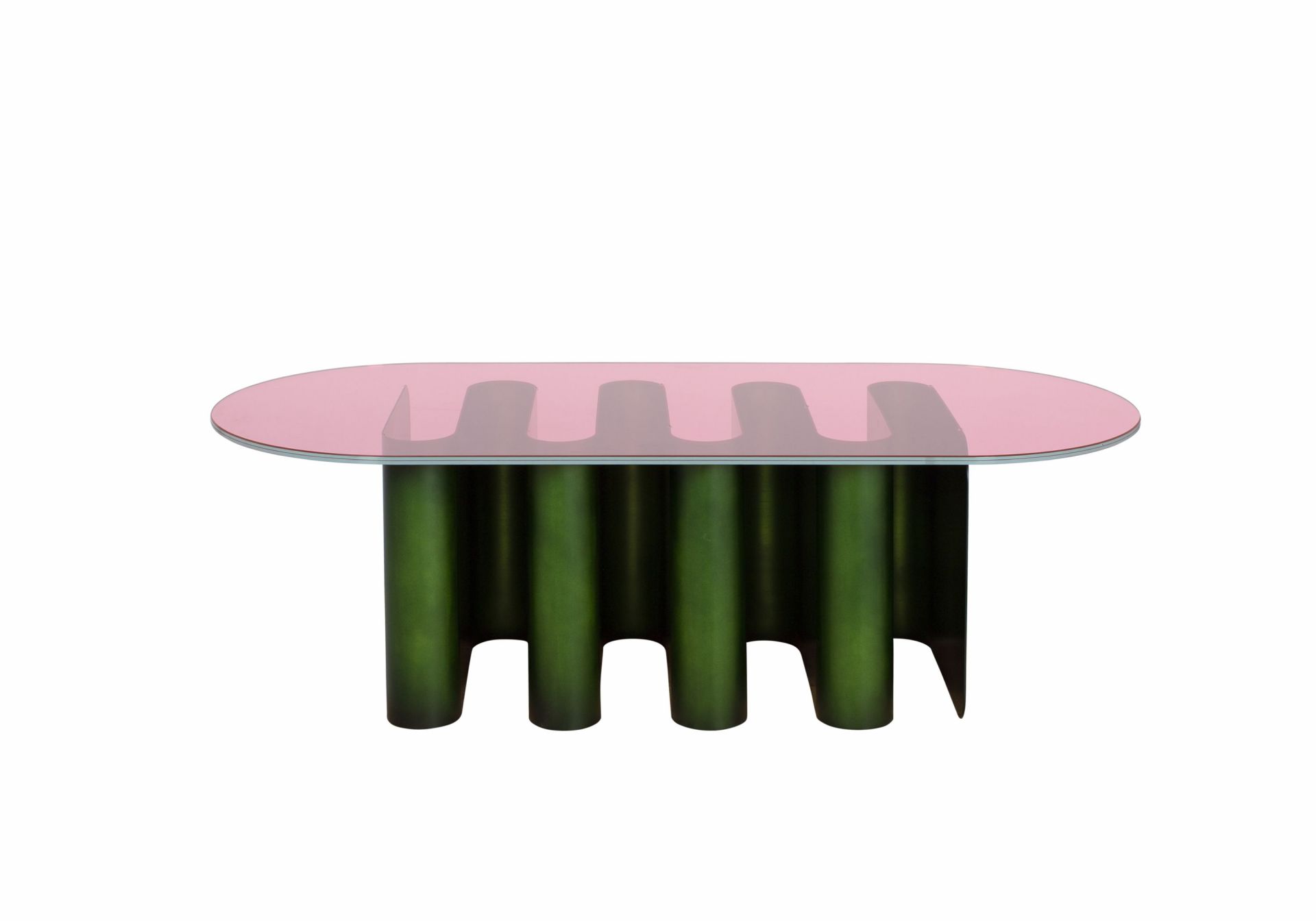 Tavolino2 Beistelltisch von Pulpo mit rosa Glasplatte und grünem, zylinderförmigem Untergestell für modernes Wohnambiente.