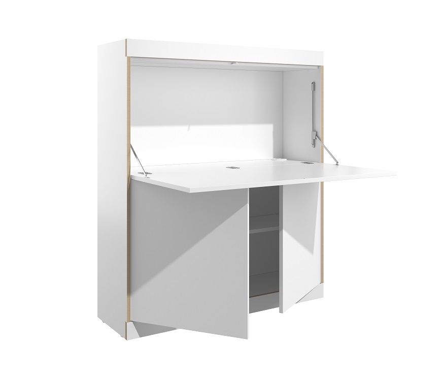 Weißer FLAI Sekretär von Müller Möbelwerkstätten mit ausgeklappter Arbeitsfläche und Stauraum.