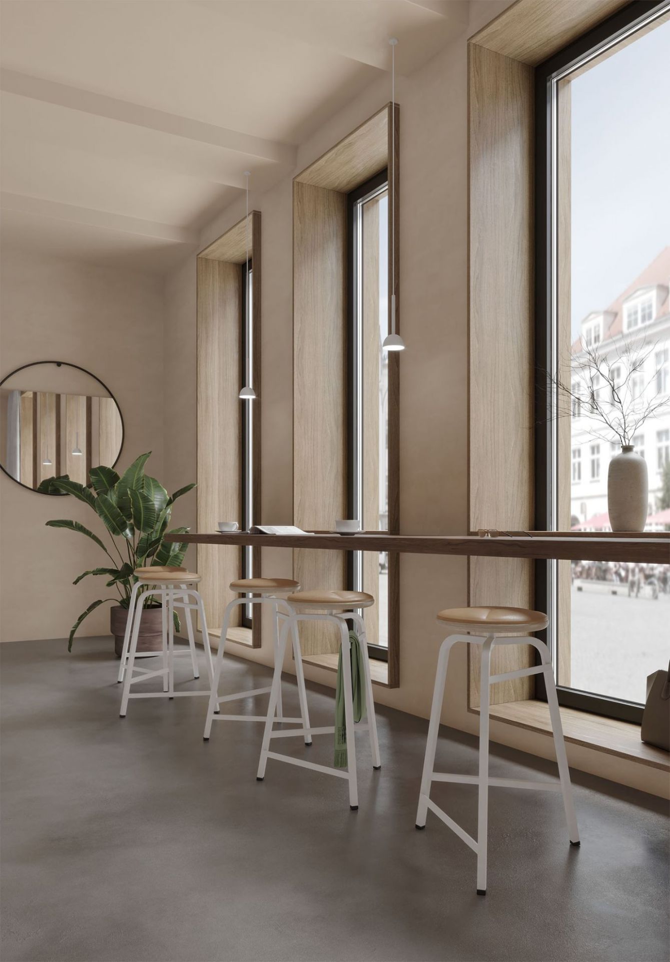 Treble Barhocker von Northern, weiße Ausführung mit braunem Ledersitz, im modernen Interieur.