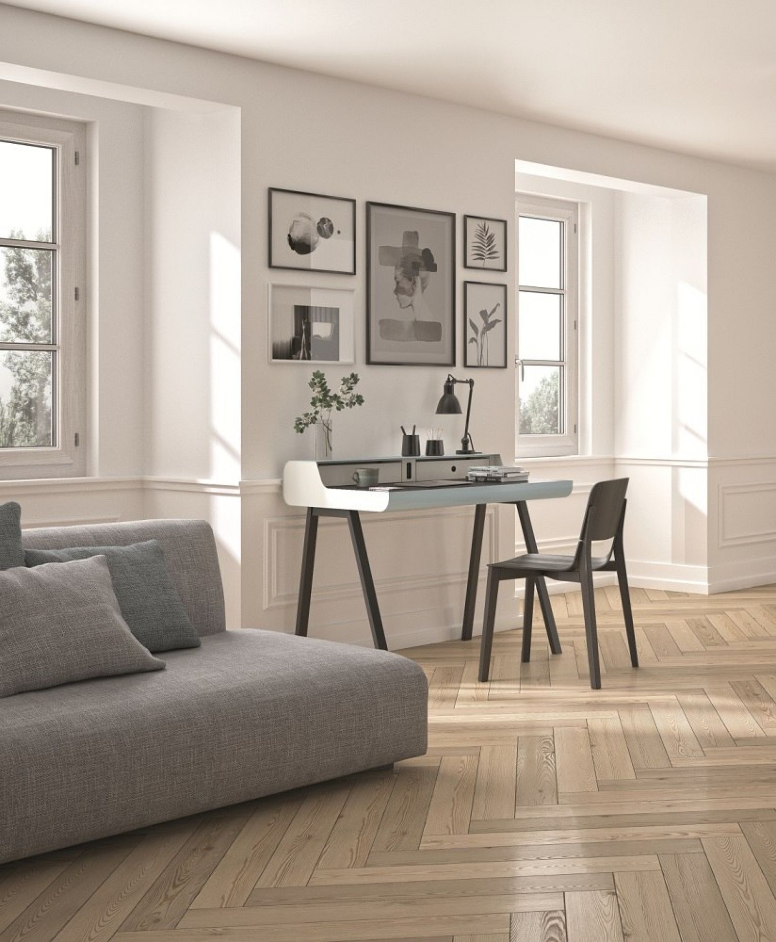 Heller Raum mit PS10 BIG Sekretär von Müller Möbelfabrikation, Schreibtisch mit Stuhl und Dekoration.