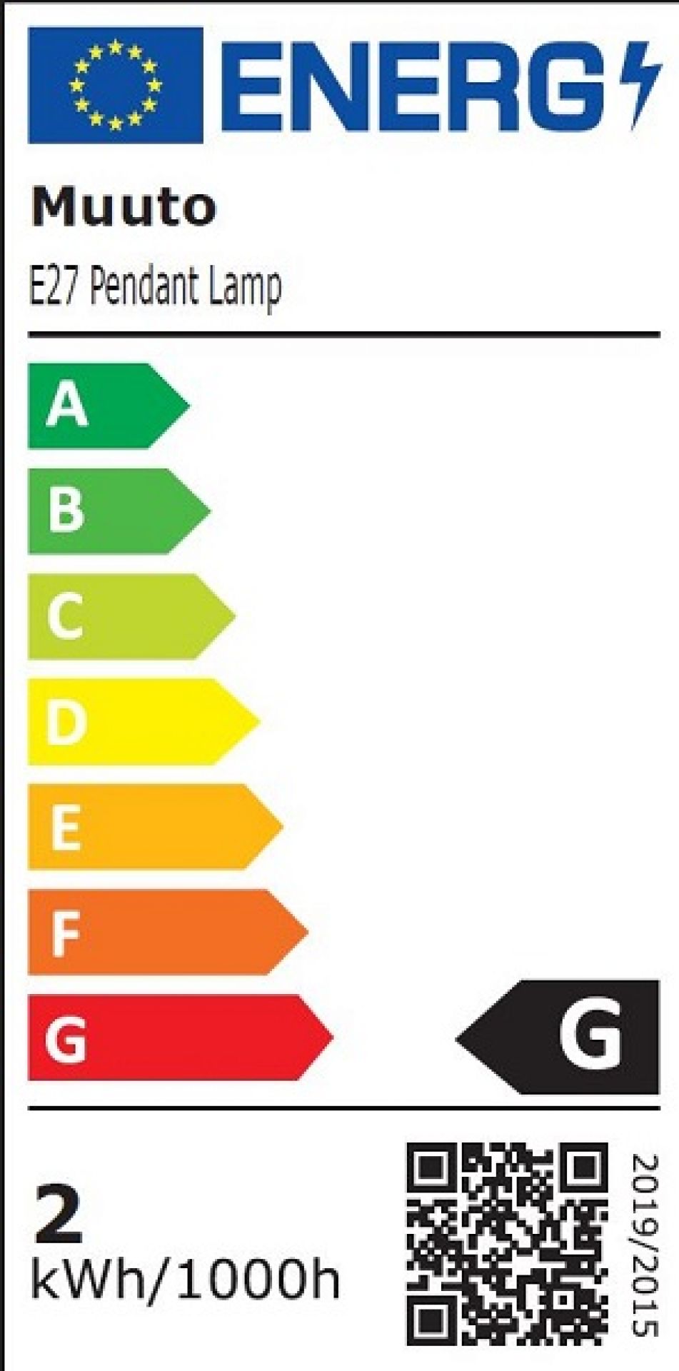 Energieeffizienzlabel der Muuto E27 Pendelleuchte in Hellgrau mit Energieeffizienzklasse G.
