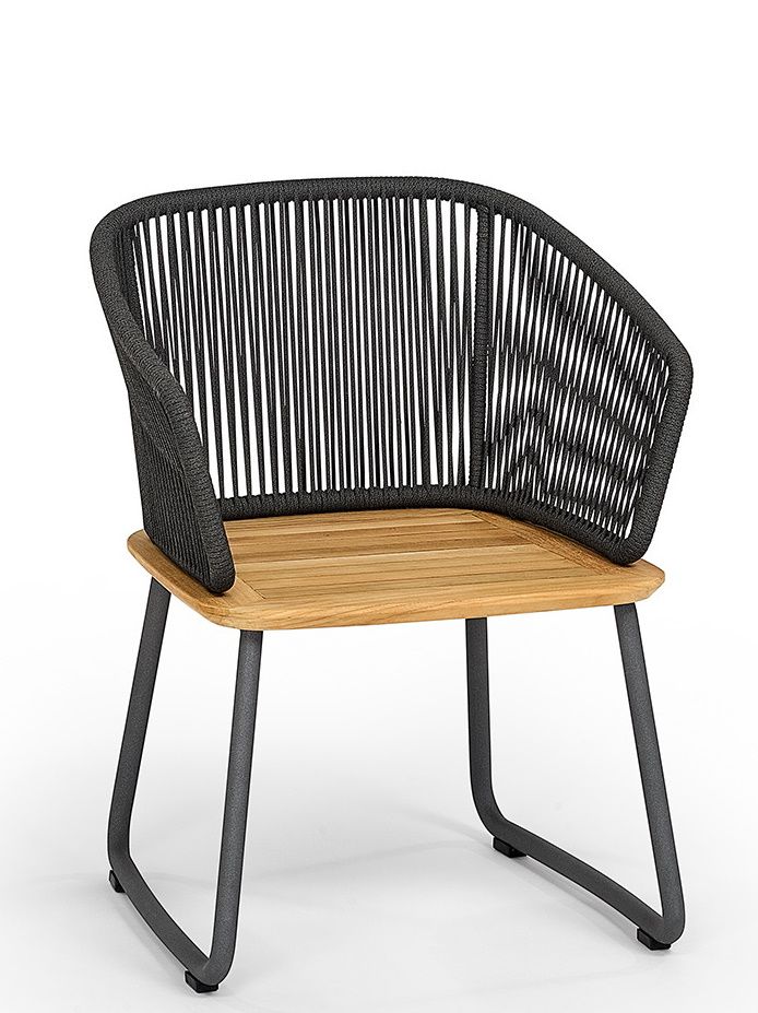 Denia Dining Sessel Outdoor, Weishäupl, mit Zori Matcha Polster. Gartenstuhl mit Teakholz und Seilgeflecht.