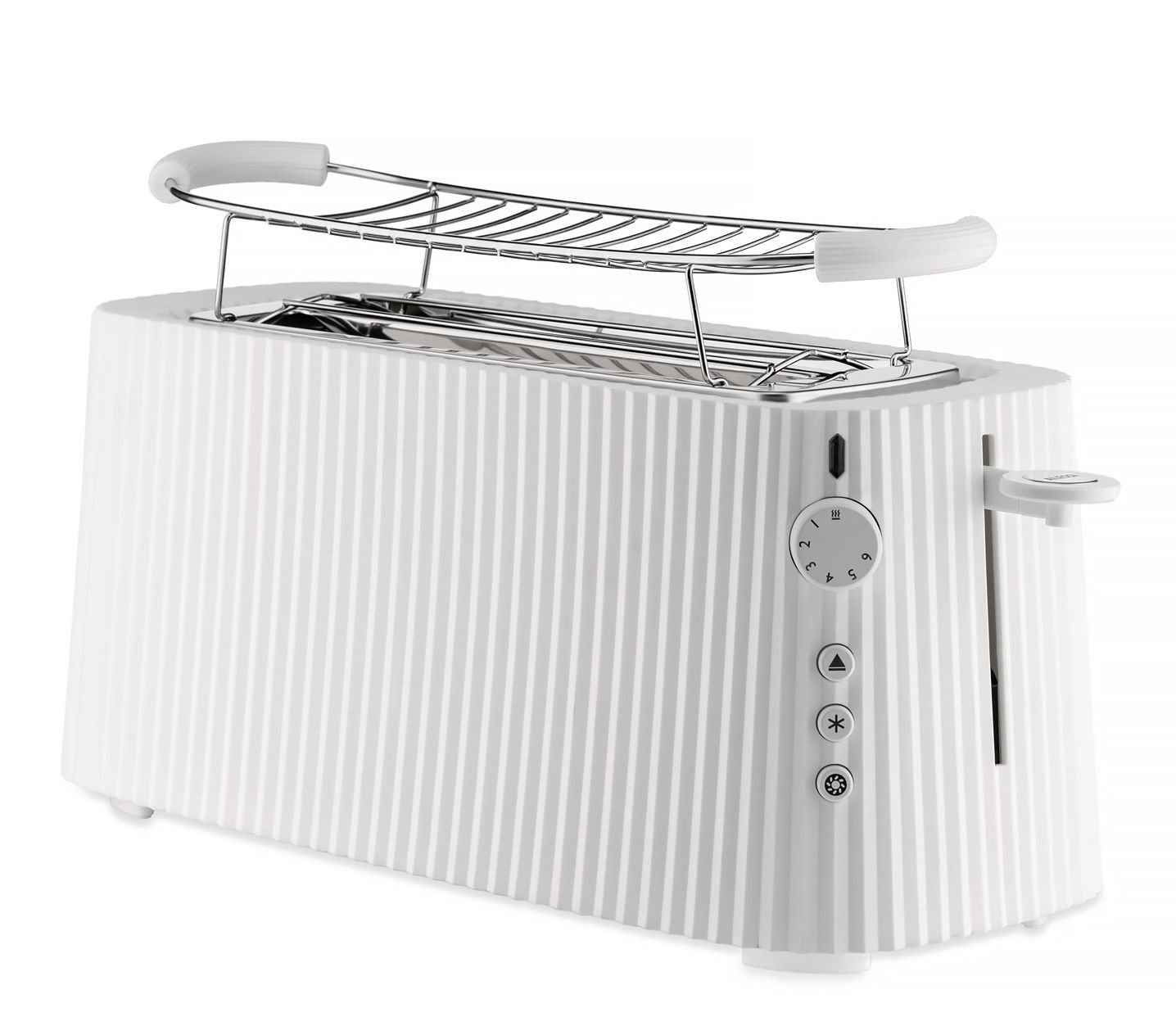 Weißer Alessi Plissé Toaster XXL mit Brötchenaufsatz, modernes Design für die Küche.