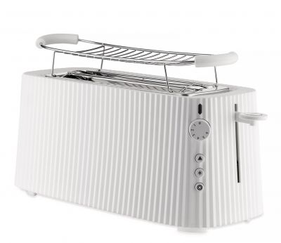 Weißer Alessi Plissé Toaster XXL mit Brötchenaufsatz, modernes Design für die Küche.