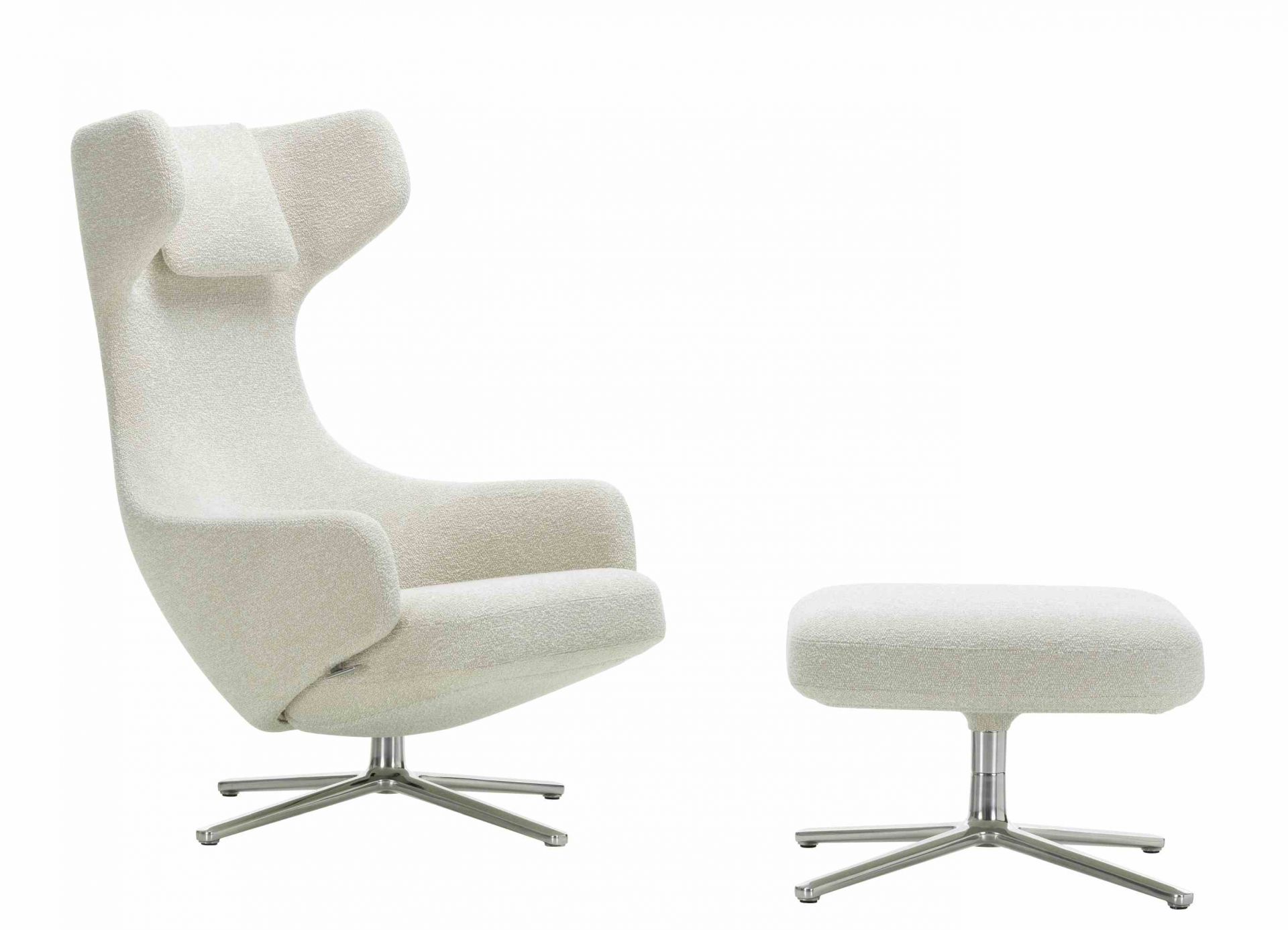 Grand Repos Sessel mit Ottoman von Vitra, elfenbeinfarbenem Nubia-Bezug und poliertem Aluminiumfuß.