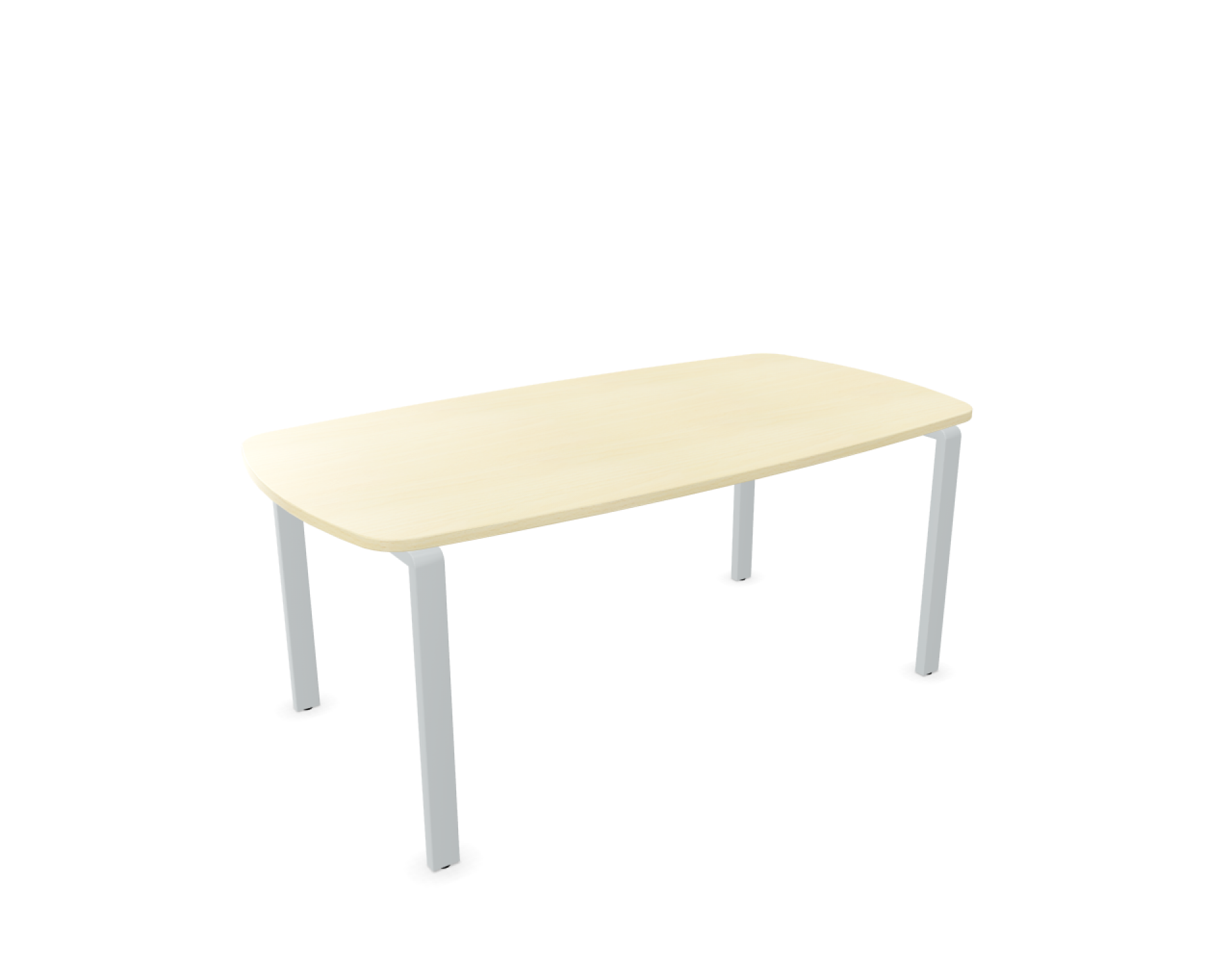 Pensum Besprechungstisch in Ellipsenform von Palmberg mit heller Tischplatte und silbernen Beinen.