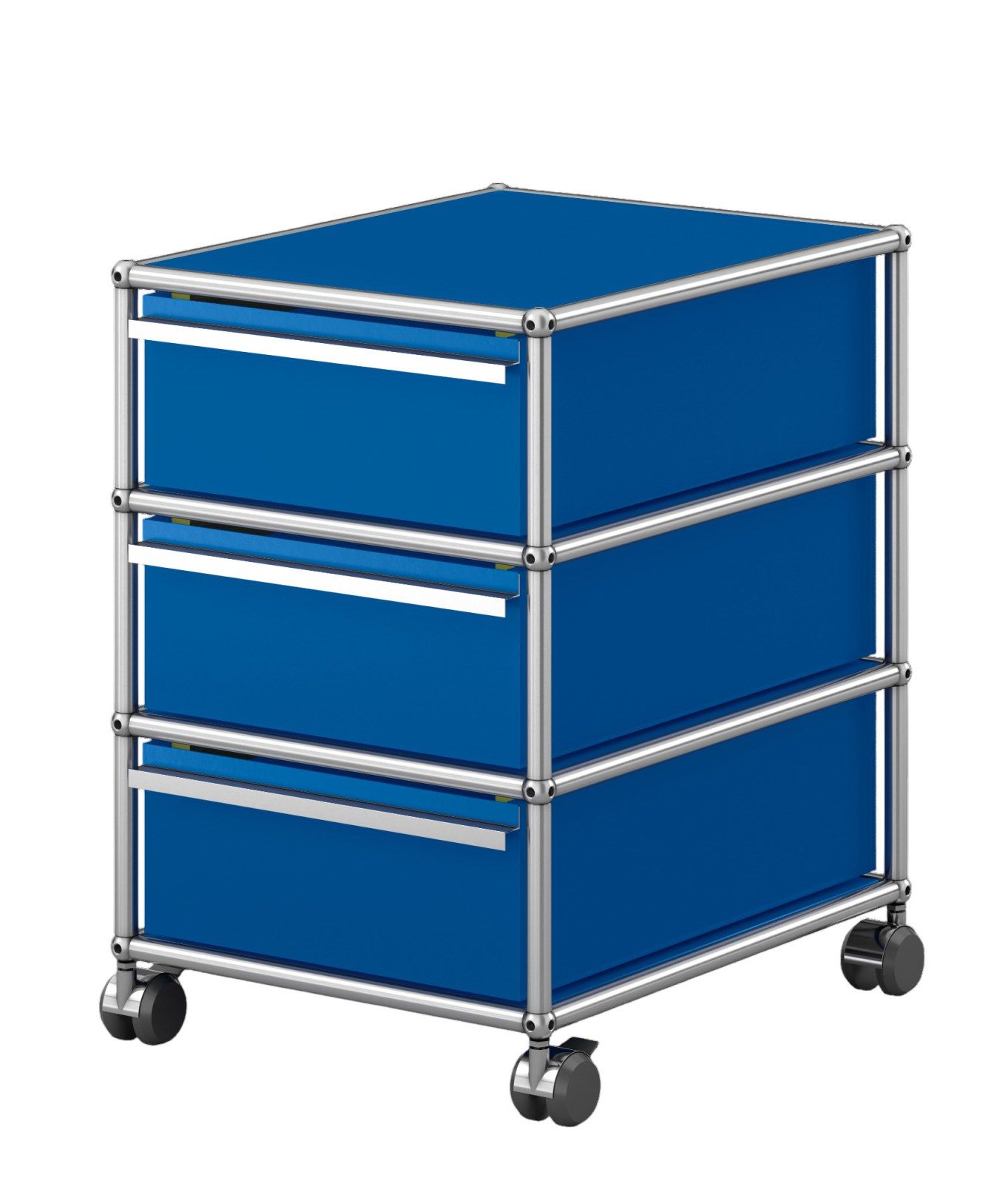 USM Haller Rollcontainer in Enzianblau mit drei Schubladen und verchromtem Gestell auf Rollen.