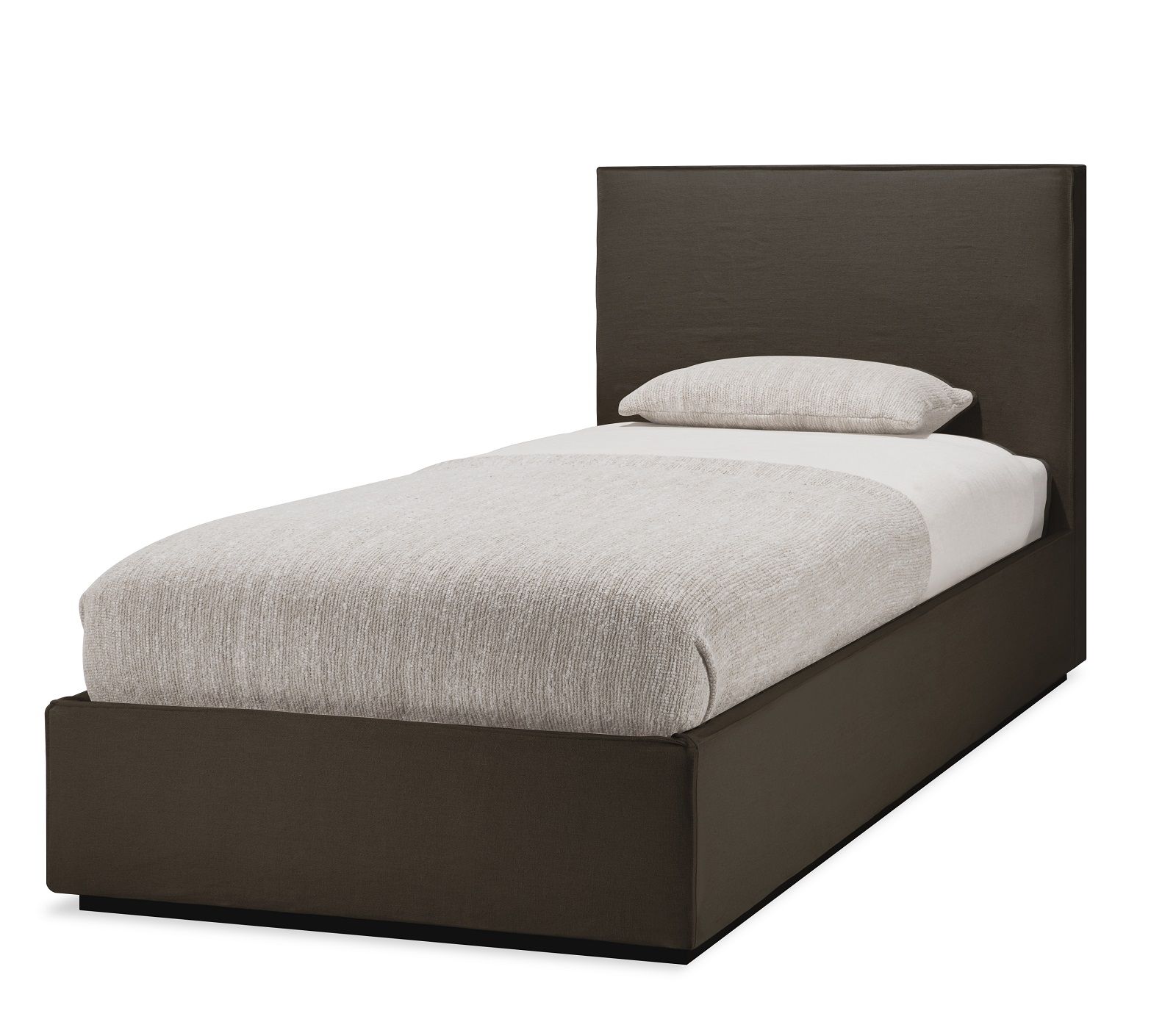 Ethnicraft Revive Bett mit grauem Leinenbezug, abnehmbar, für erholsamen Schlaf. Einzelbett.