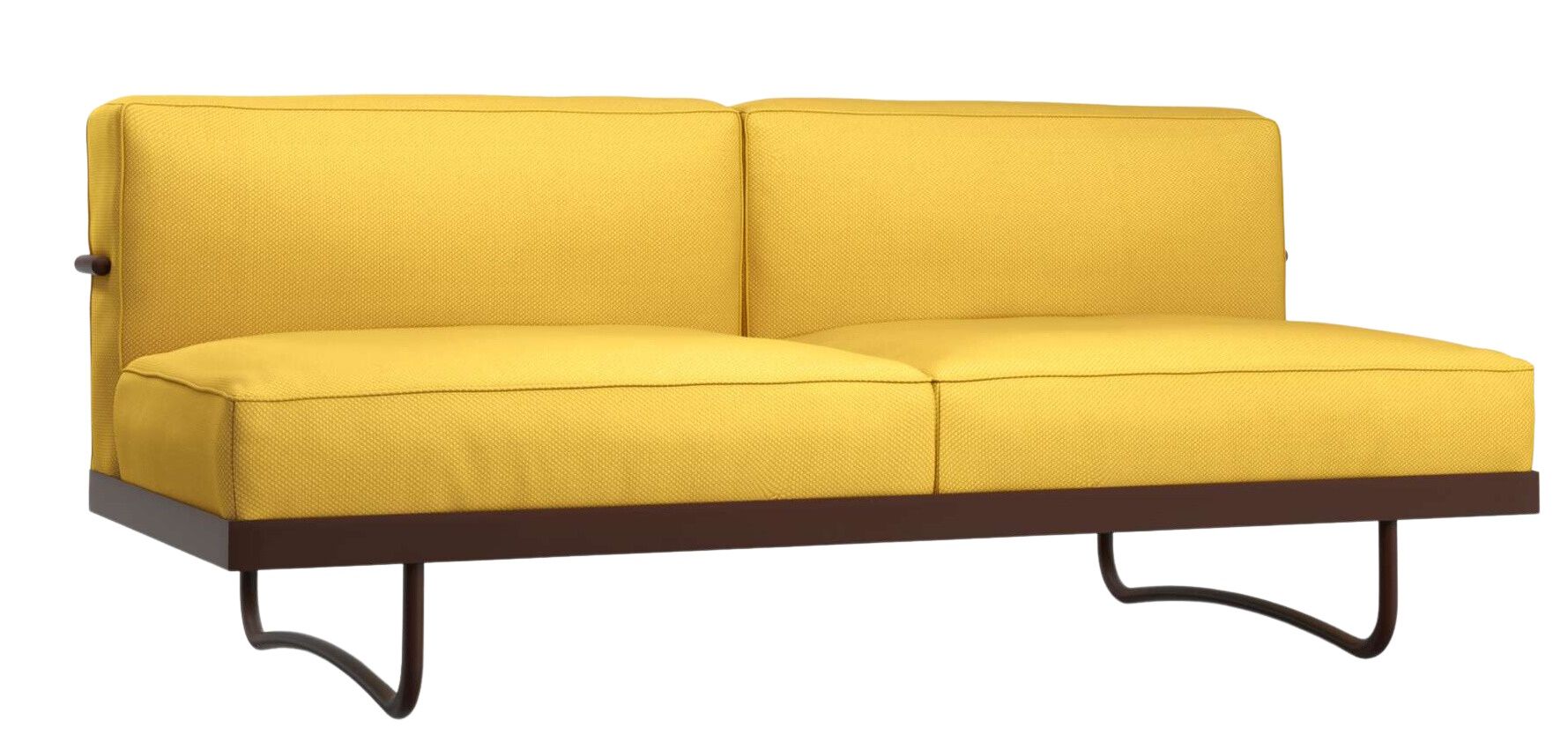 Gelbes LC5 Canapé von Cassina: Modernes Sofa mit braunem Gestell für stilvolles Wohnen.
