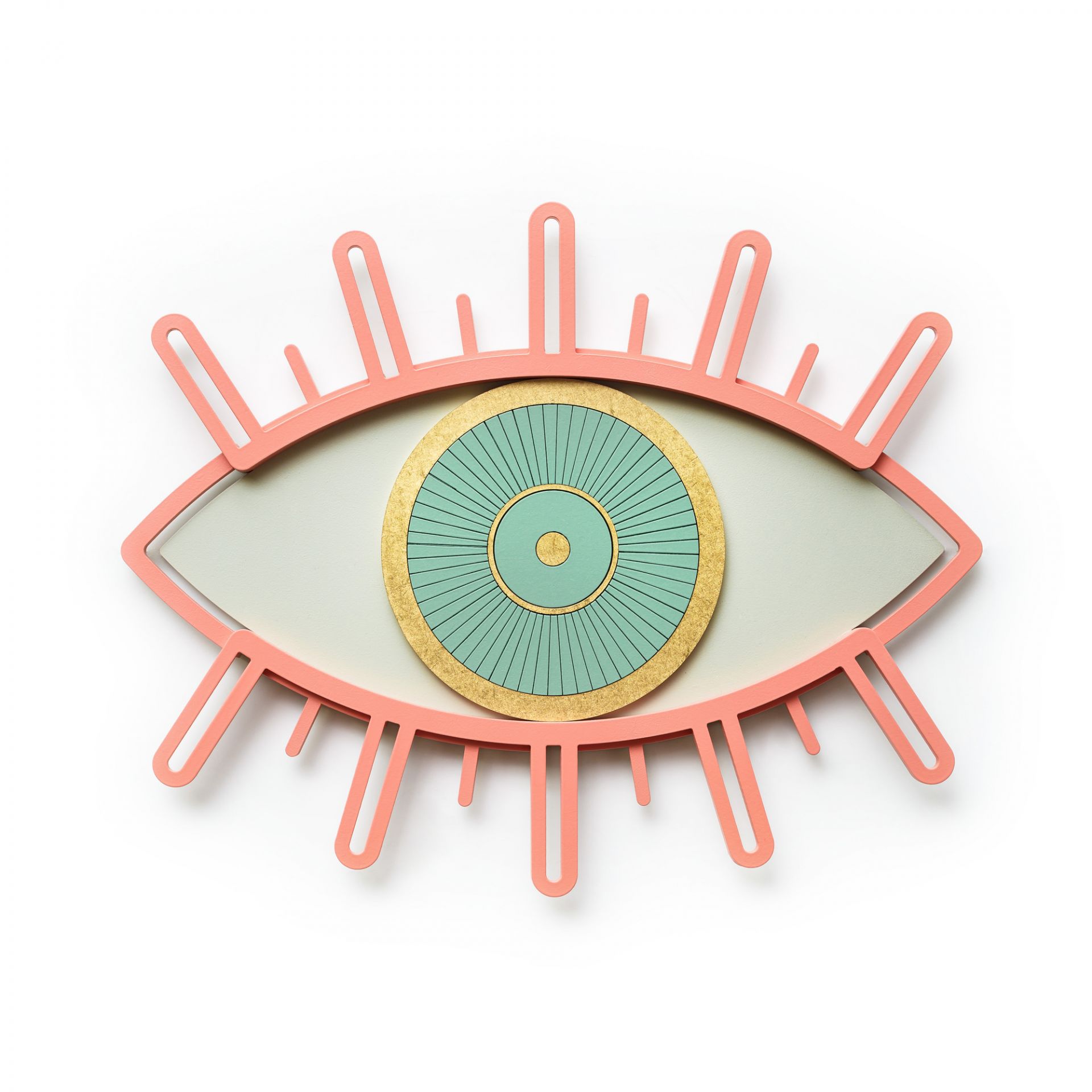 Eye 5 Auge Wandschmuck: Dekorative Wandkunst in Form eines Auges mit Wimpern in Koralle.