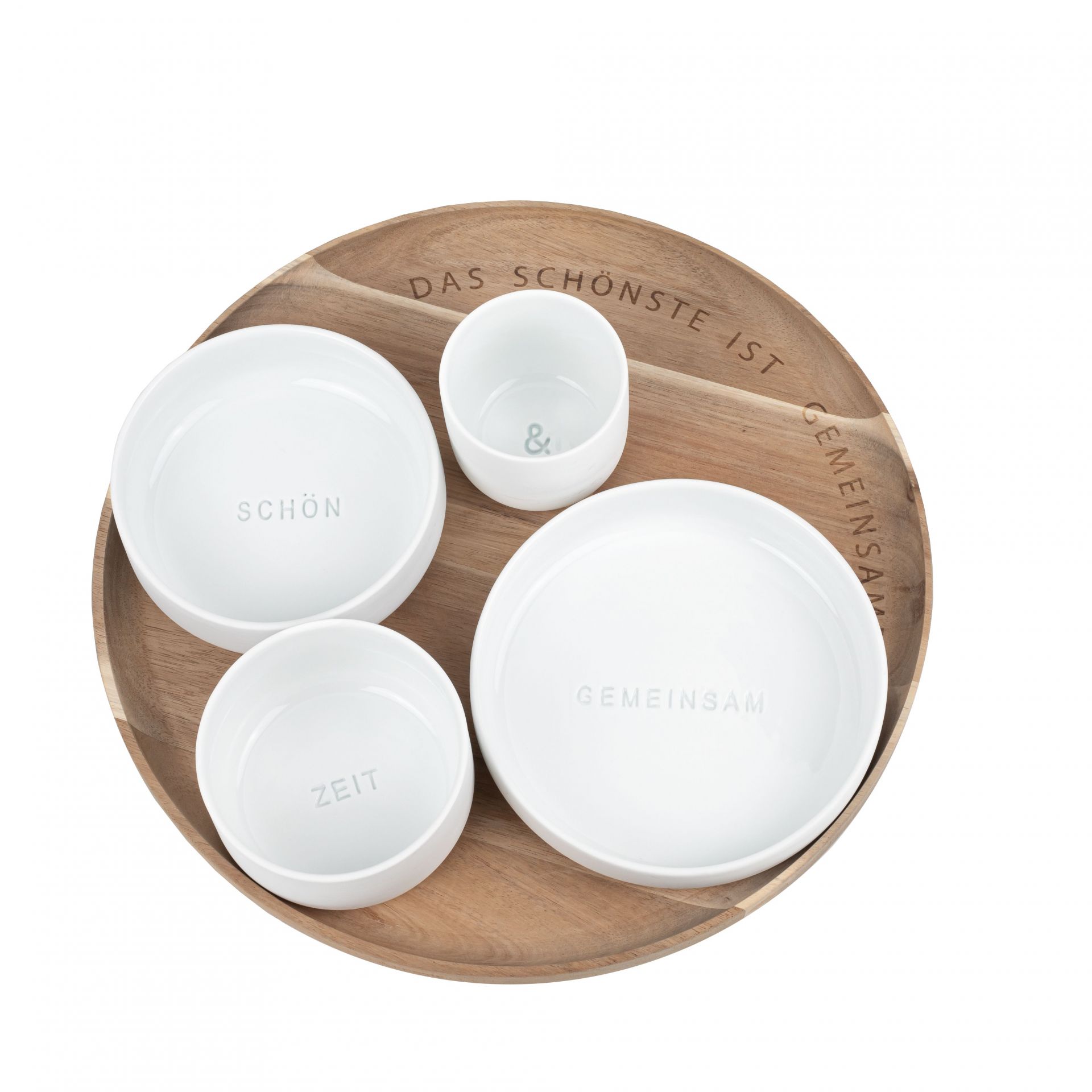 Schalen Set "GEMEINSAM" von Räder auf Holztablett. Weiße Schalen mit Aufschriften "Schön", "Zeit" und "Gemeinsam".