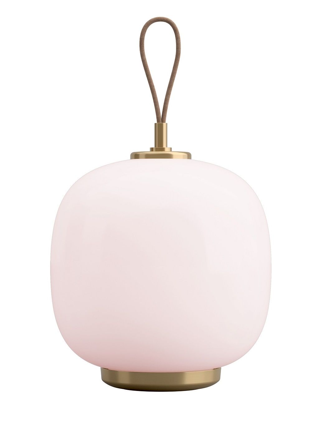 Nahaufnahme der VL 45 Radiohus Tischleuchte von Louis Poulsen, Akkuleuchte mit rosa Glas und Ledergriff.