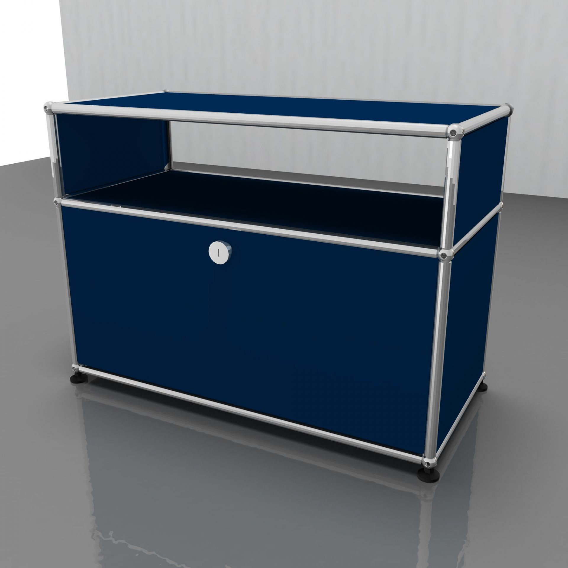 USM Haller Beistelltisch enzianblau mit Schublade, stilvolles Designmöbel für Wohnzimmer und Büro.