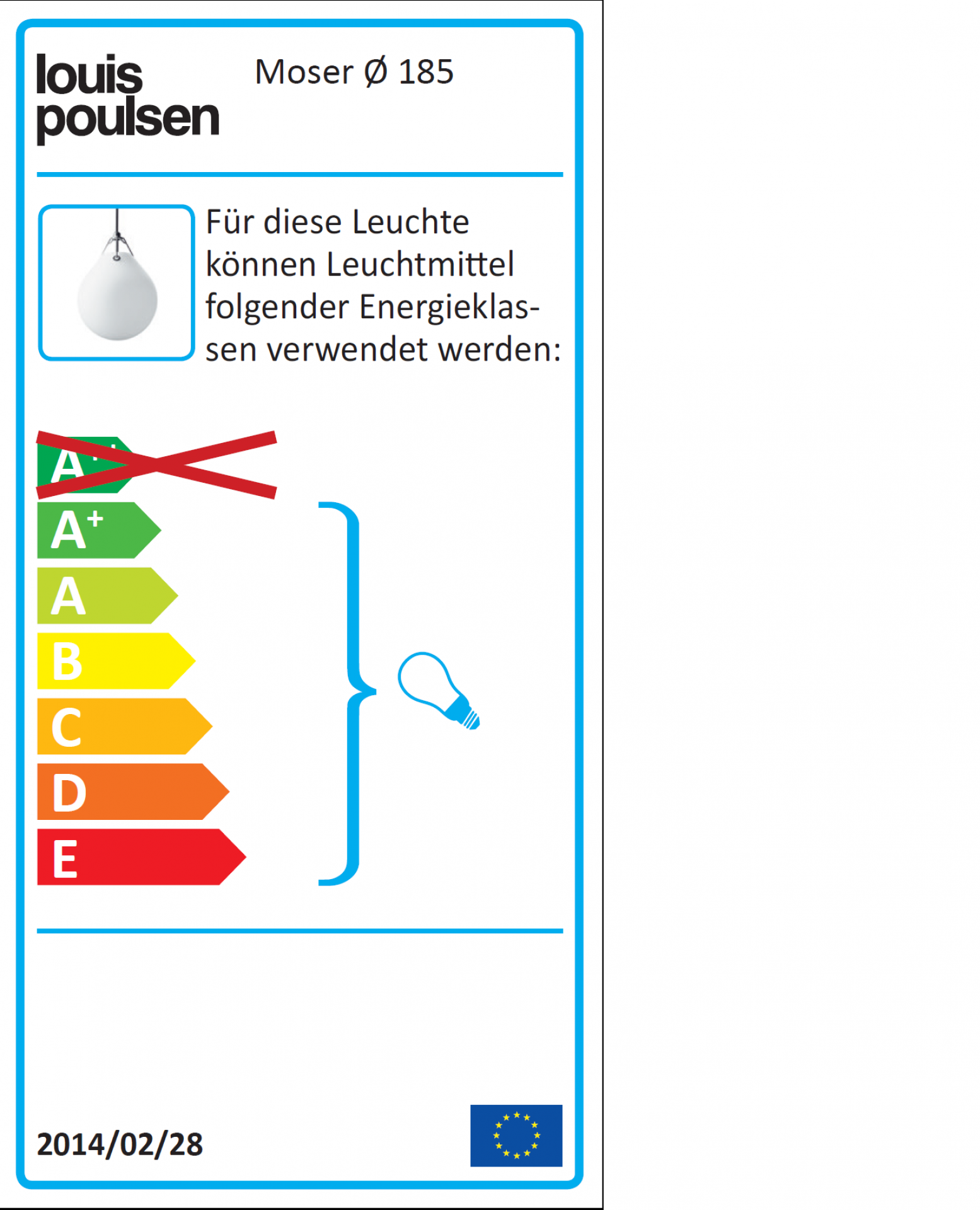 Energieeffizienzlabel für Louis Poulsen Moser Pendelleuchte, zeigt Energieklassen und Leuchtmittel-Informationen.