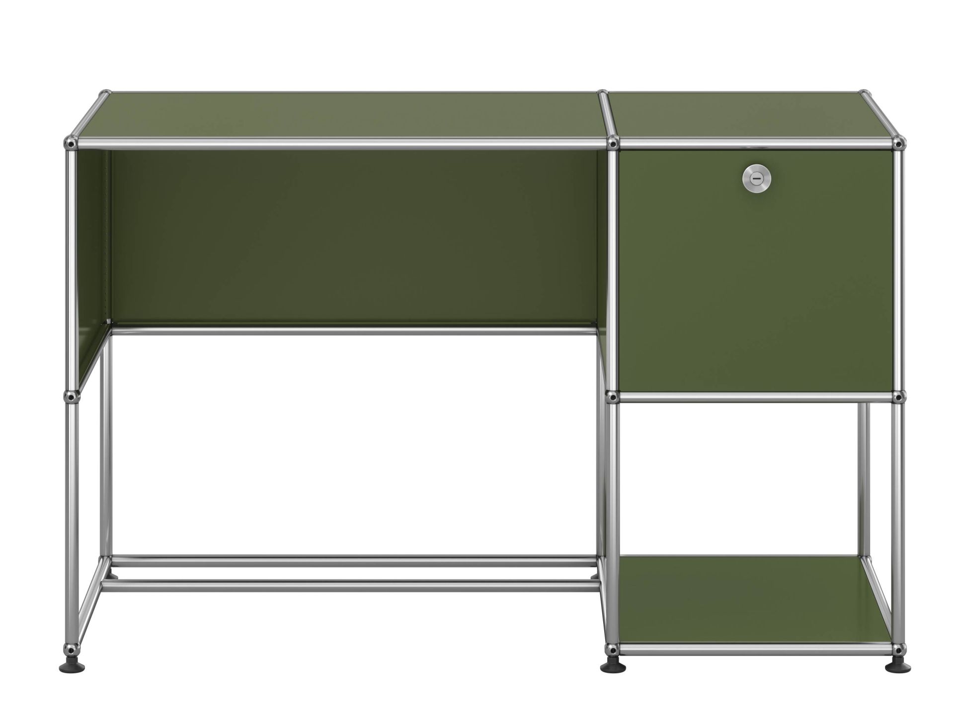 USM Haller Schreibtisch in Olivgrün mit einem Schubladenelement und verchromtem Gestell für das Homeoffice.