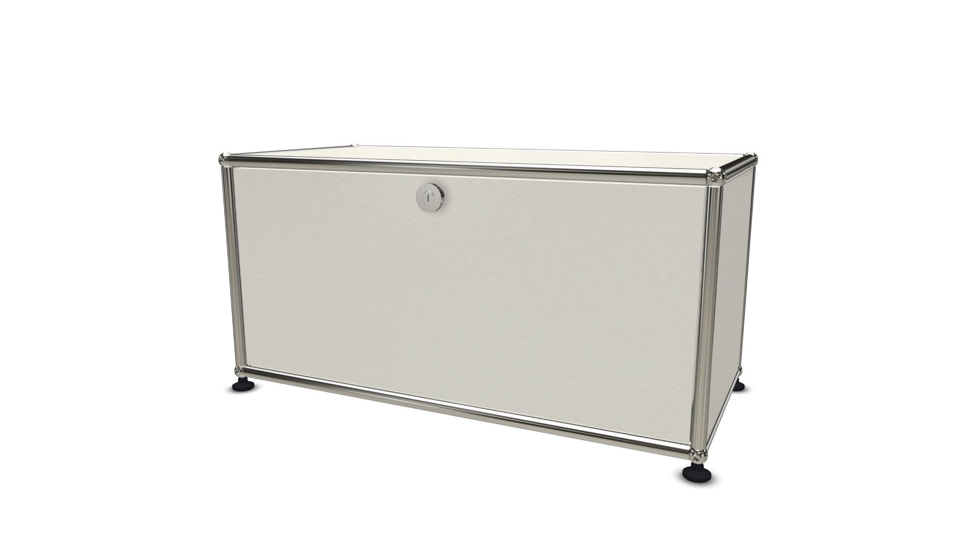 USM Haller Lowboard mit einer abschließbaren Klappe in Weiß und Chrom, modernes Möbeldesign für Wohnzimmer.