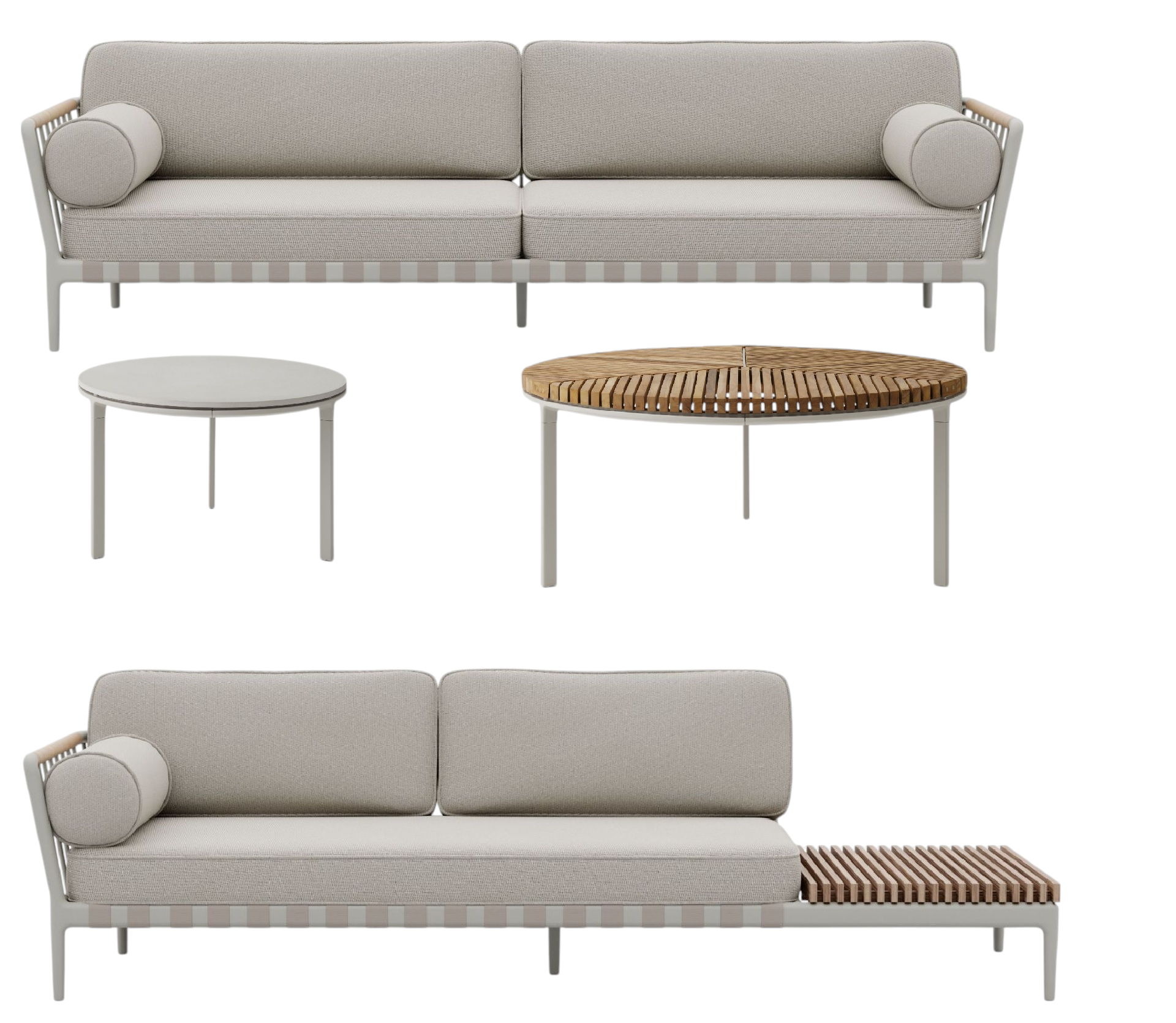 Open-Air Outdoor Lounge Set mit Sofa, Beistelltischen und Holzdetails für Garten und Terrasse.