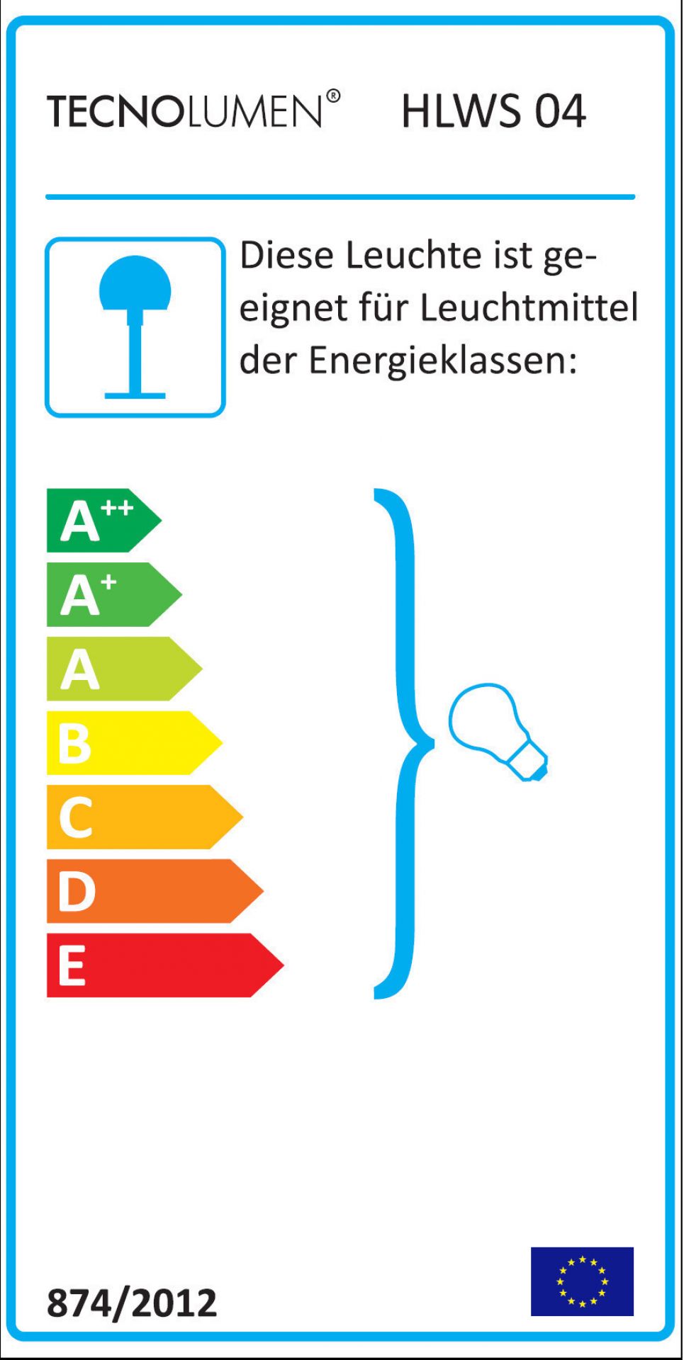 HLWS 04 Tecnolumen Pendelleuchte: Energieeffizienzlabel mit Klassen von A++ bis E für Leuchtmittel.