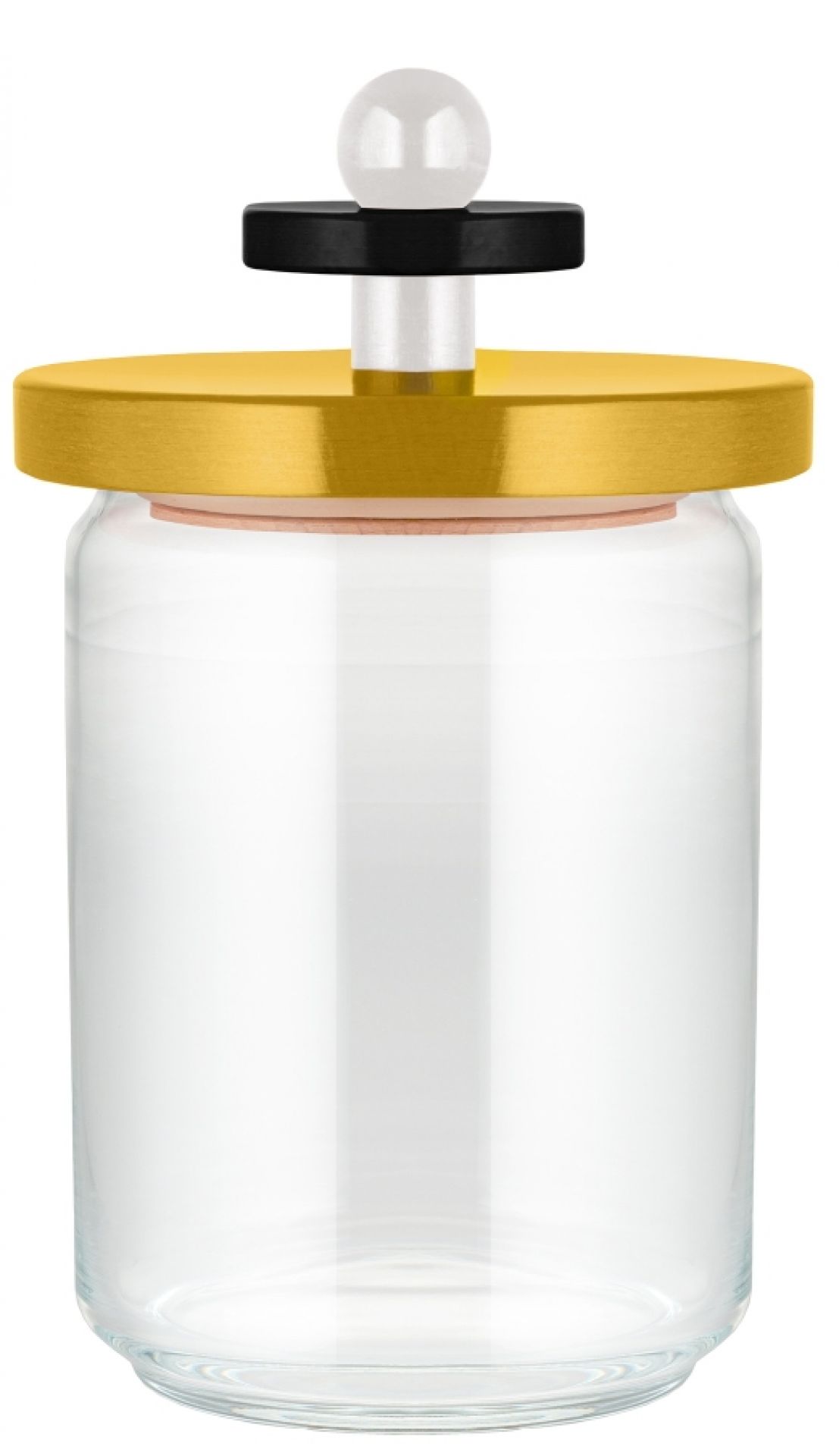 Küchendose ES16/100 von Alessi: Glasbehälter mit goldenem Deckel und dekorativem Knauf. Vorratsdose für die Küche.