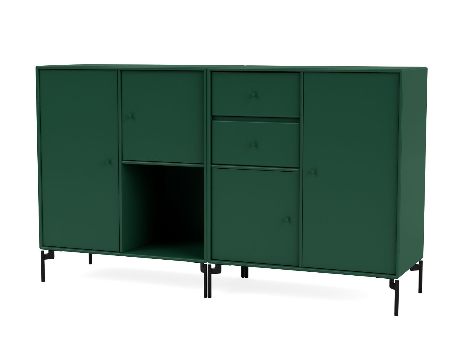 Grünes Couple Sideboard mit schwarzem C-Gestell: Modernes Möbelstück mit Schubladen, Türen und offenem Fach.