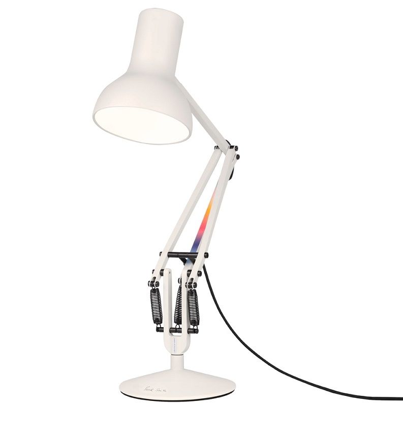 Weiße Anglepoise Type 75 Mini Paul Smith Edition Tischleuchte mit verstellbarem Arm und Schirm.