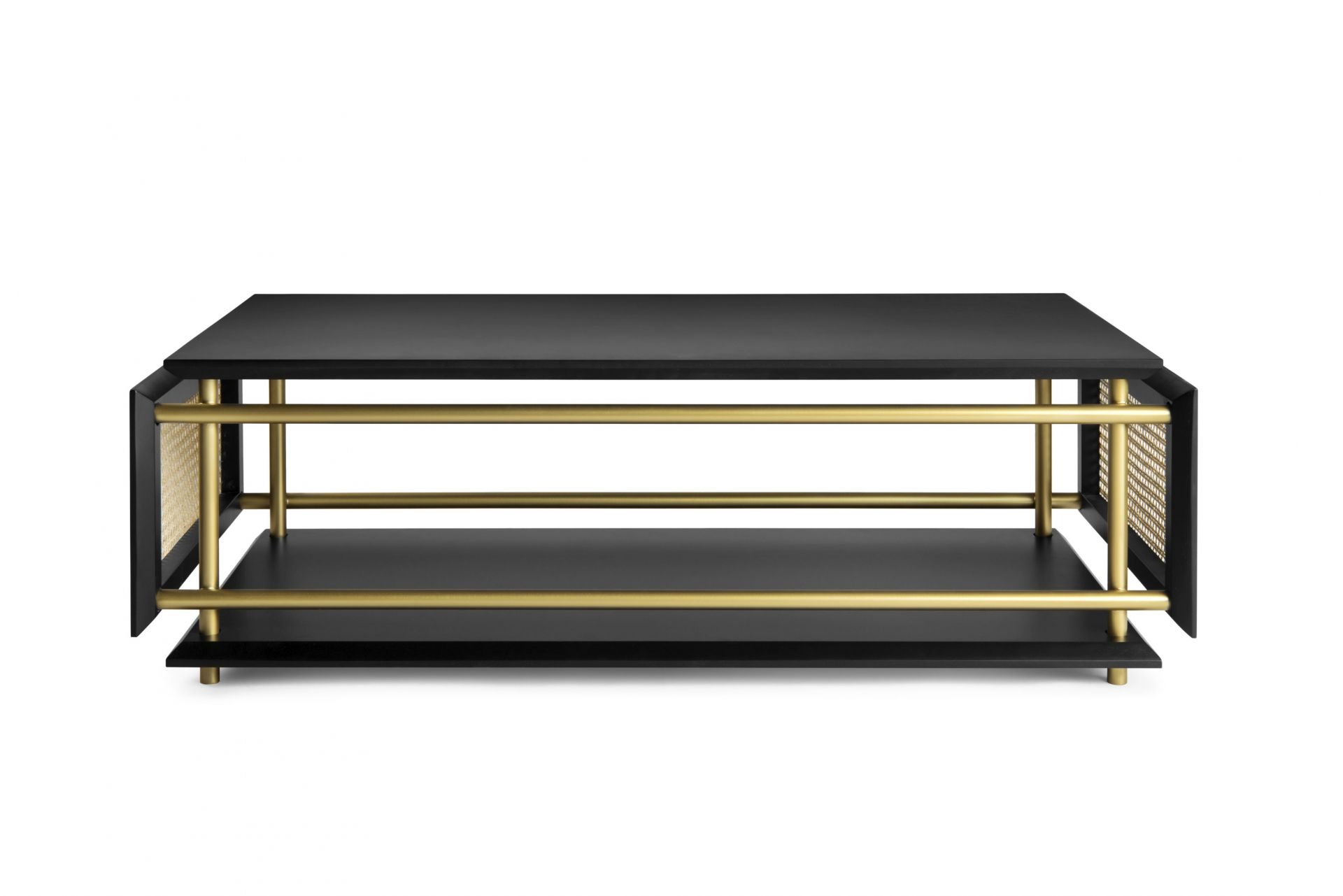 Wiener Box Couchtisch von Wiener GTV Design mit schwarzer Tischplatte und goldenen Metallelementen.
