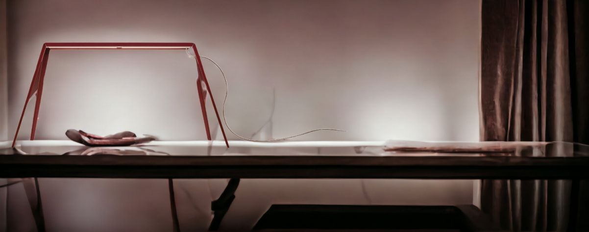 Rote Foscarini Bridge Tischleuchte auf Tisch, modernes Design für Wohnzimmer und Büro.