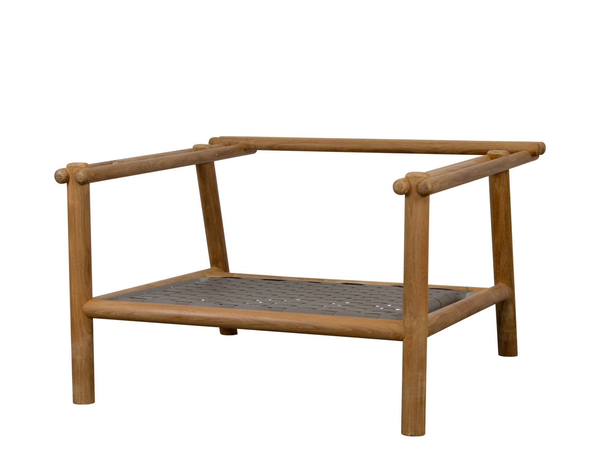Cane-Line Sticks Loungesessel für den Garten, Teakholzrahmen mit grauem Sitzgeflecht, ohne Kissen.