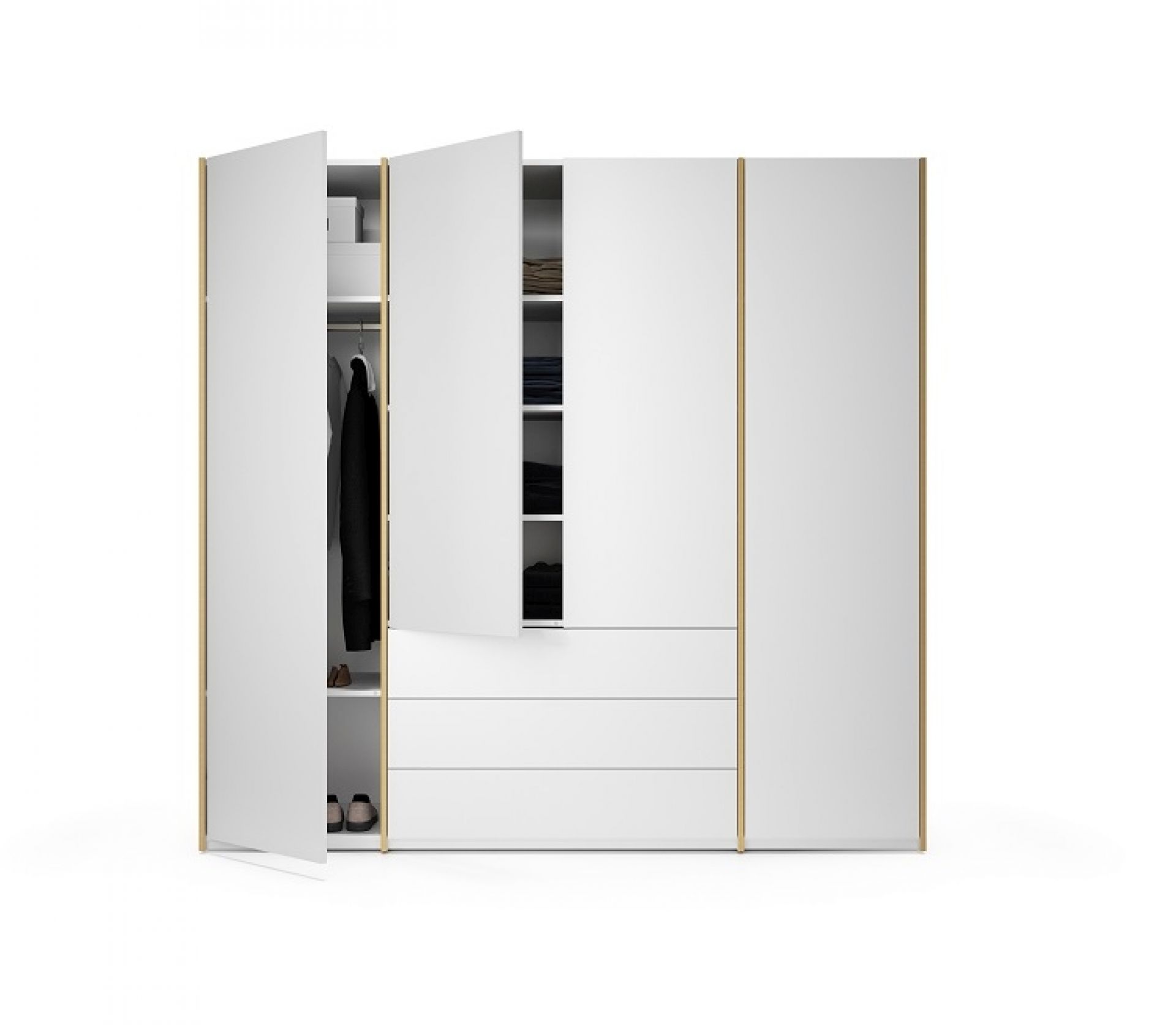 Weißer MODULAR PLUS Schrank von Müller Möbelwerkstätten mit offenen Türen und Schubladen. Kleiderschrank mit Stauraum.