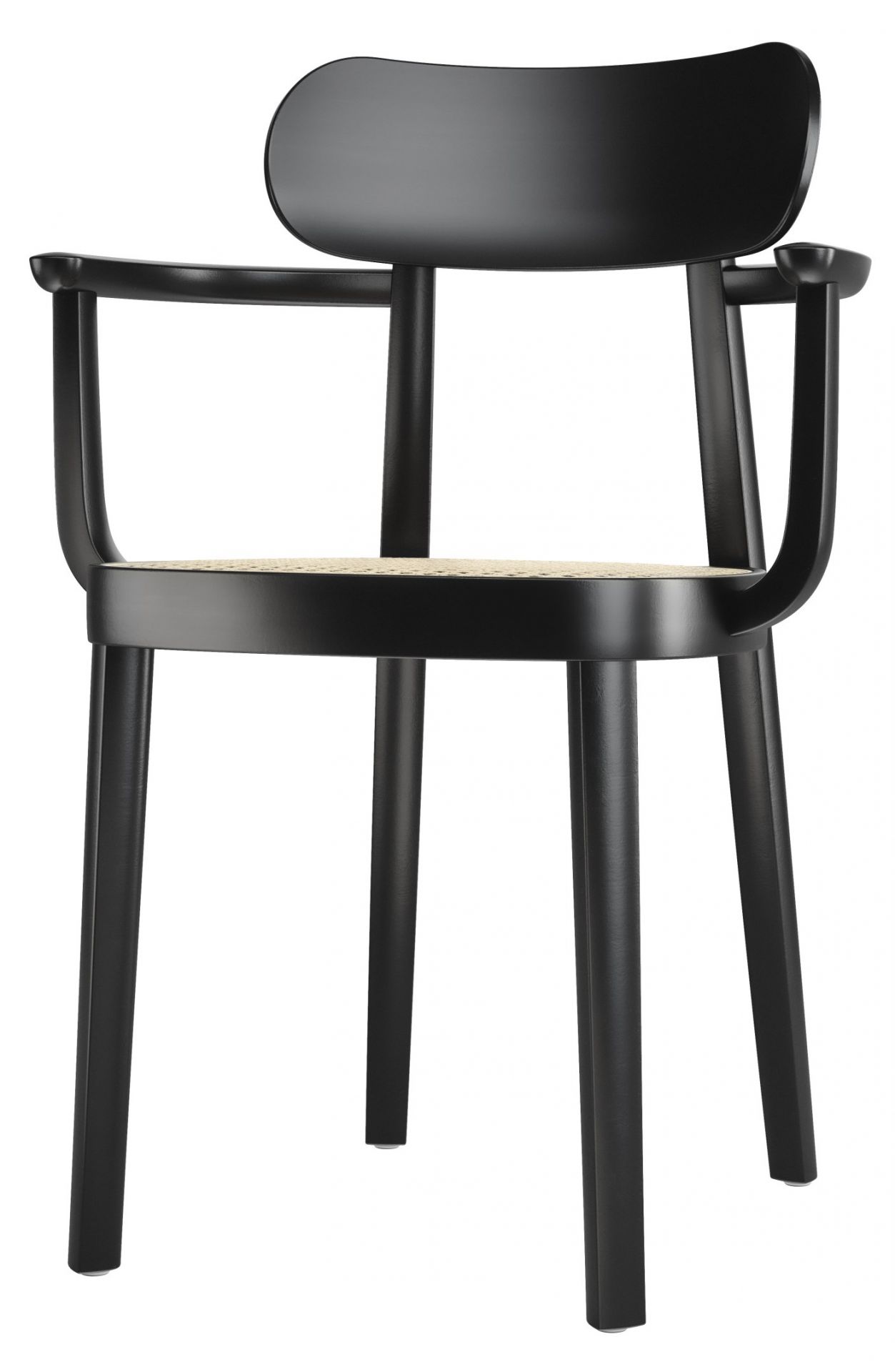 Schwarzer Holzstuhl mit Armlehnen und Wiener Geflecht Sitzfläche, Modell 118 F Thonet.