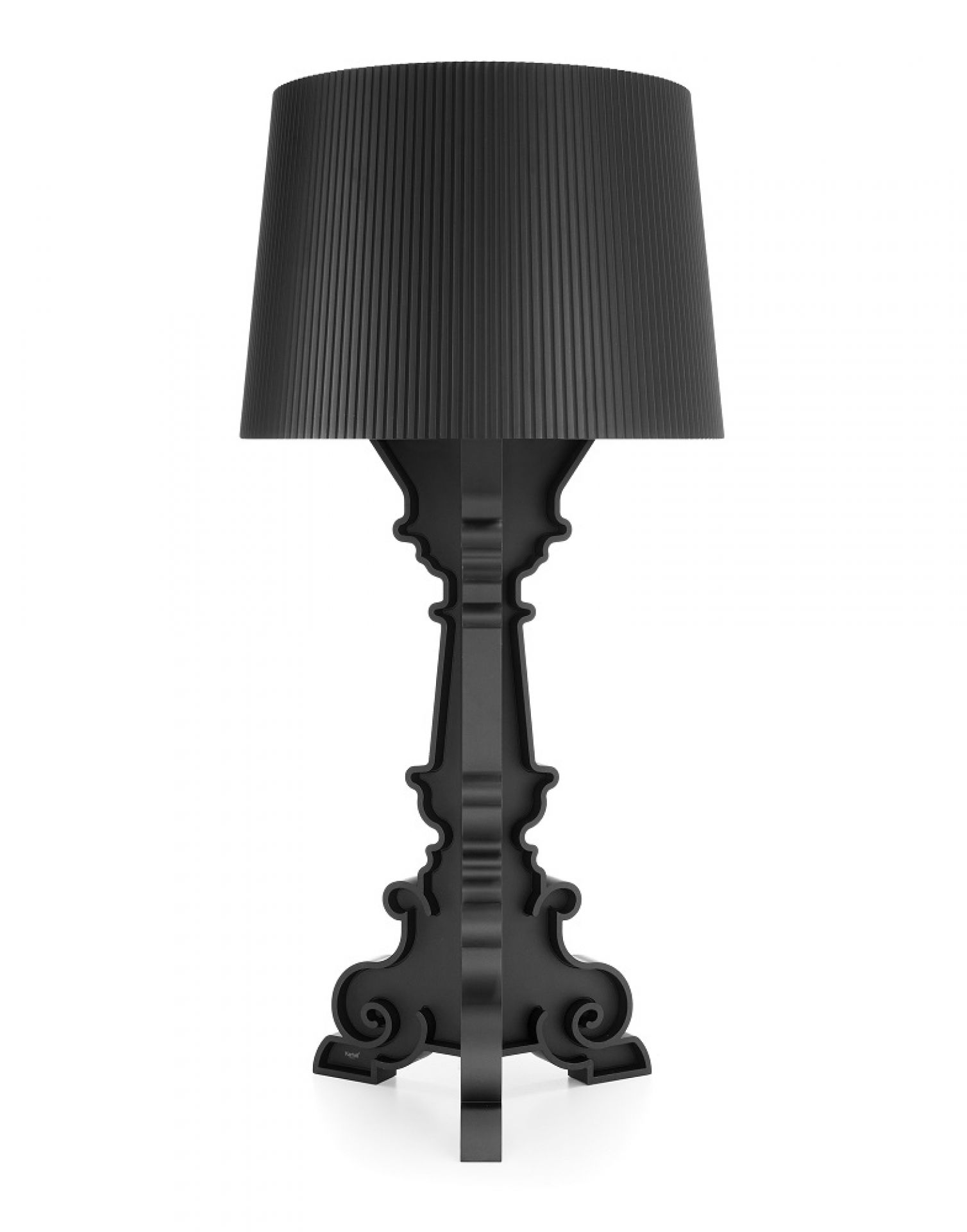 Schwarze Bourgie Tischleuchte von Kartell mit plissiertem Lampenschirm und barockem Fuß. Design Lampe.