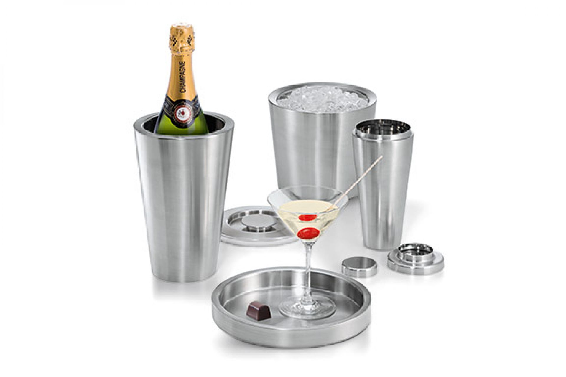 Edles Skyscraper Bar Set von Philippi: Champagnerkühler, Eisbehälter, Shaker und Cocktail-Zubehör aus Edelstahl.