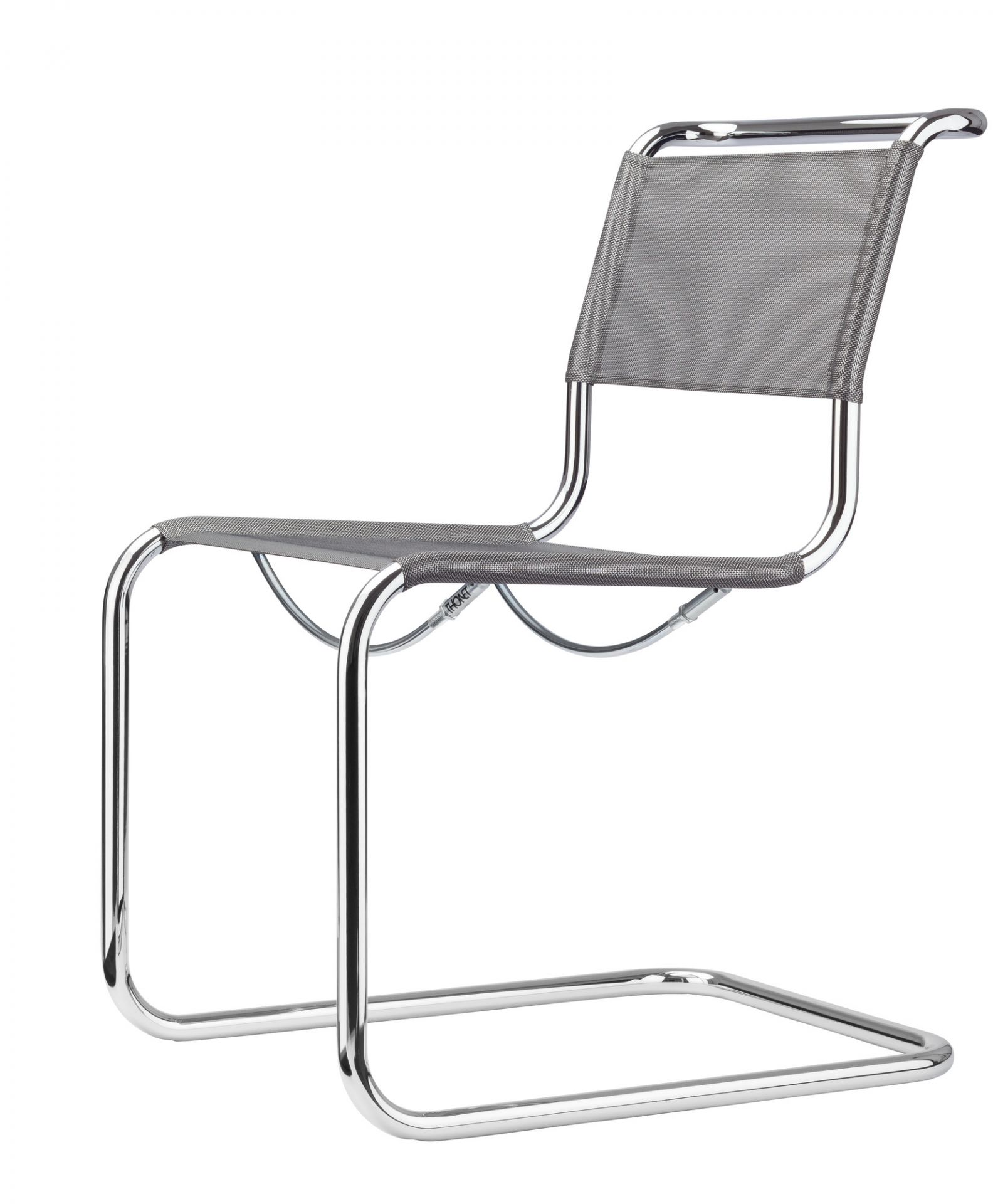 S 33 N Freischwinger von Thonet mit grauem Netzgewebe und verchromtem Stahlrohrgestell, seitliche Ansicht.