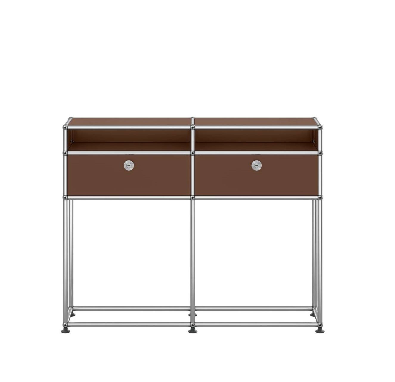 USM Haller Sideboard in Braun mit zwei Schubladen und verchromtem Gestell, modernes Möbeldesign.