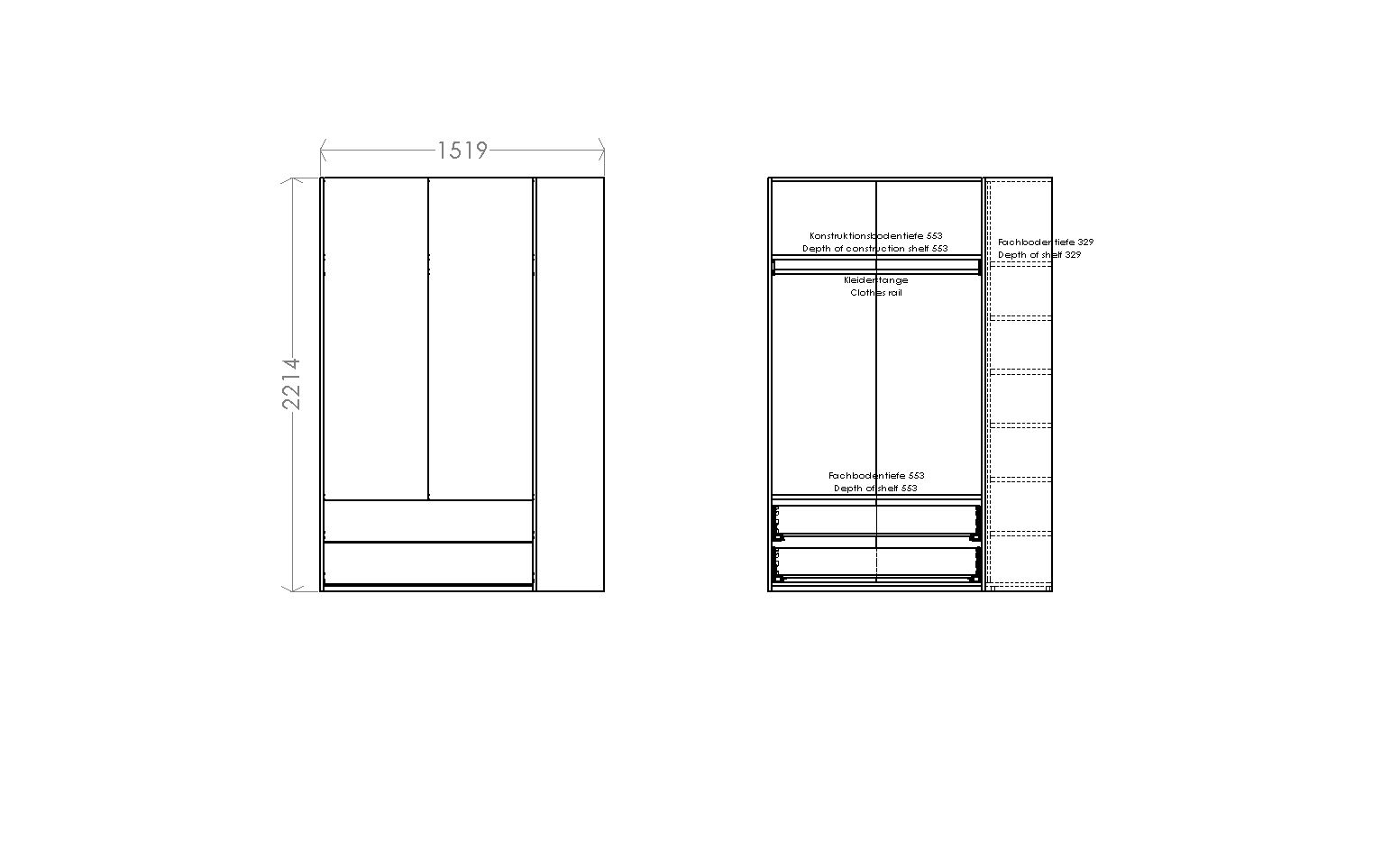 Technische Zeichnung: MODULAR PLUS Schrank Kombination mit Regalelement, Maße und Details.
