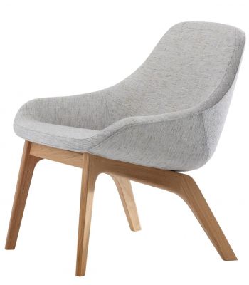 Morph Lounge Chair Sessel von Zeitraum mit grauem Stoffbezug und hellem Holzgestell, seitliche Ansicht.