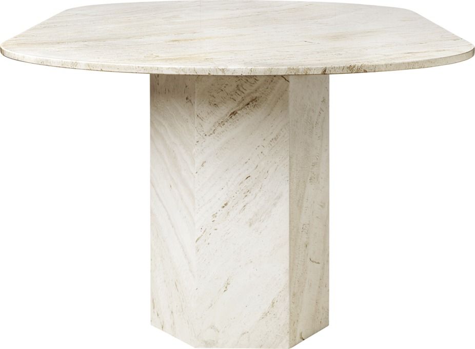 Elliptischer Esstisch von Gubi aus Travertin, moderner Design Tisch mit einzigartigem Sockel.