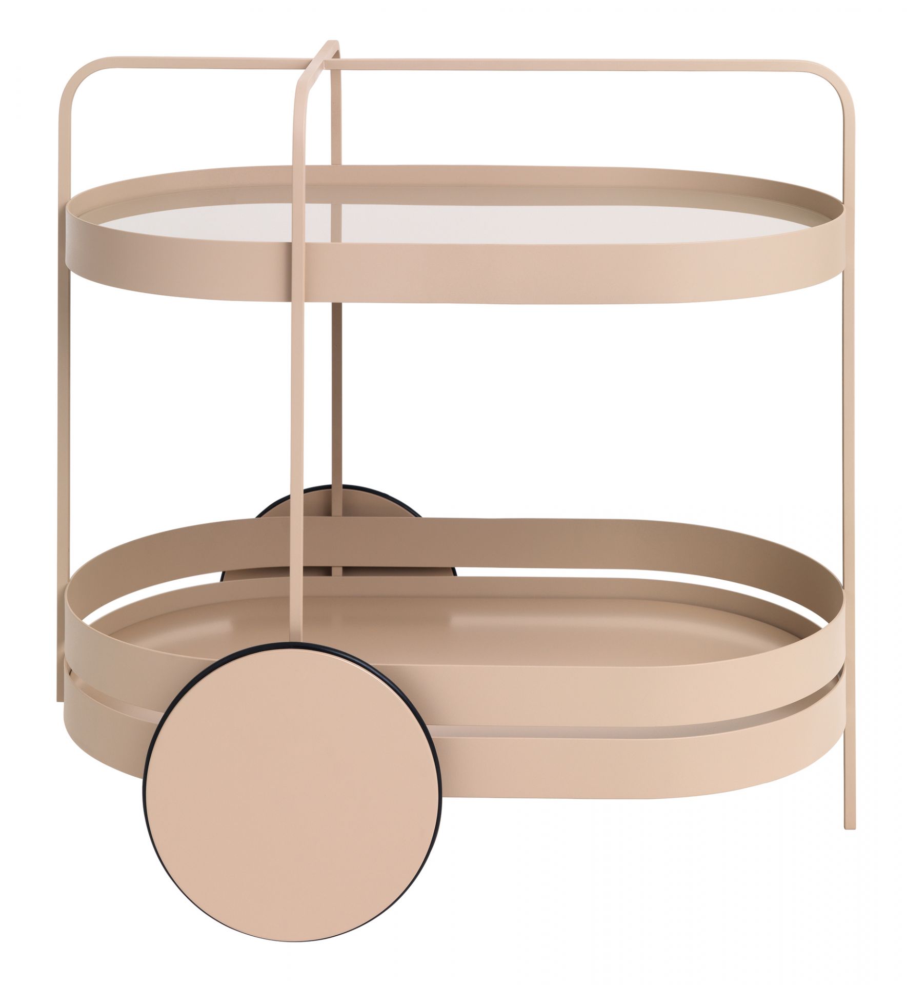 Grace Servierwagen von Schönbuch in Rosenholz: Eleganter Barwagen mit zwei Ablageflächen und Rollen.