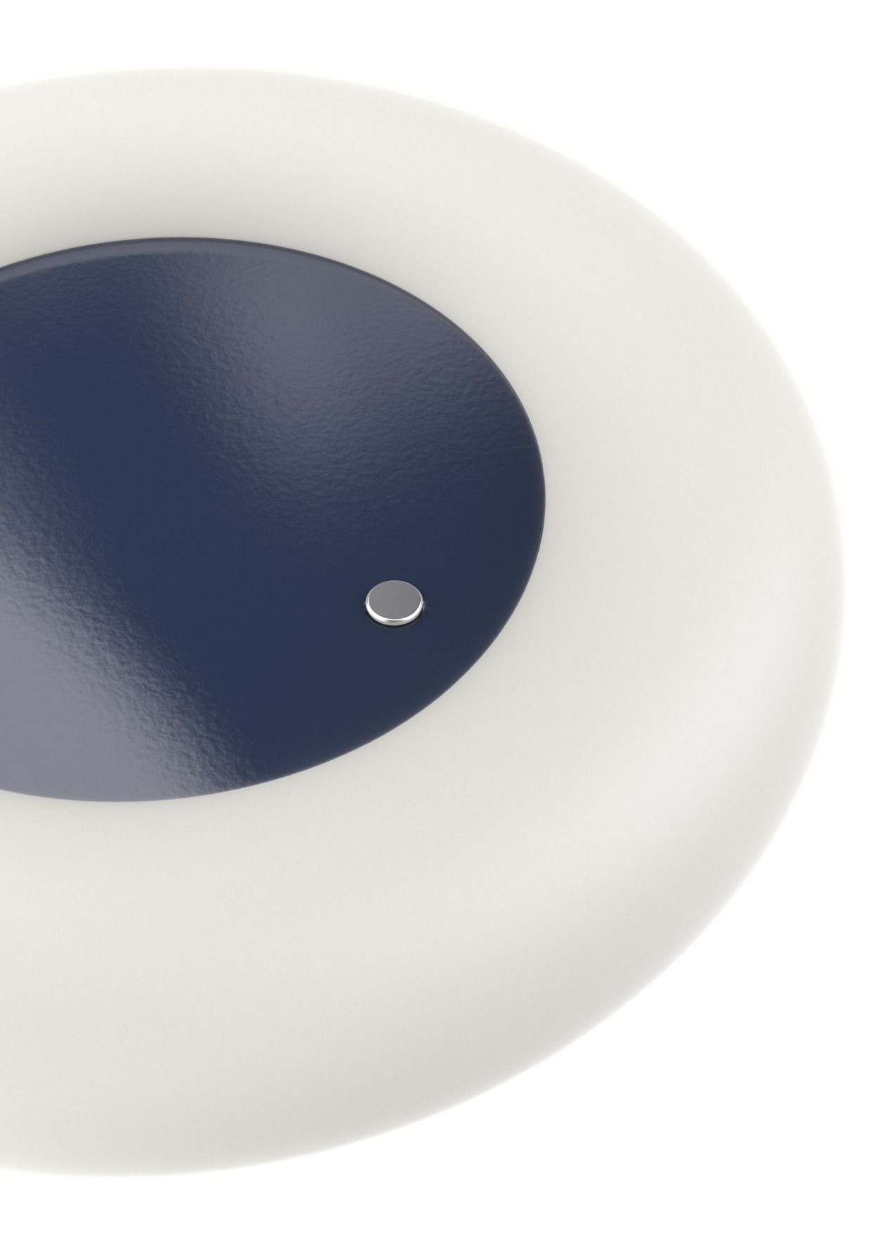 Detailaufnahme der Belux Oto Stehleuchte mit rundem, tiefblauem Fuß und warmweißem Licht.