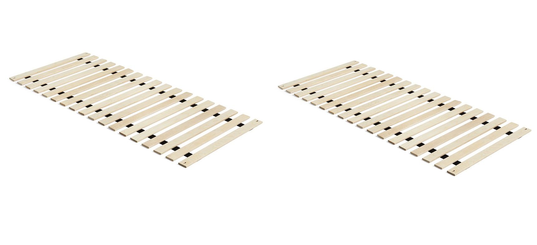 Zwei Standard Lattenroste für Betten, helle Holzlatten mit schwarzen Halterungen.
