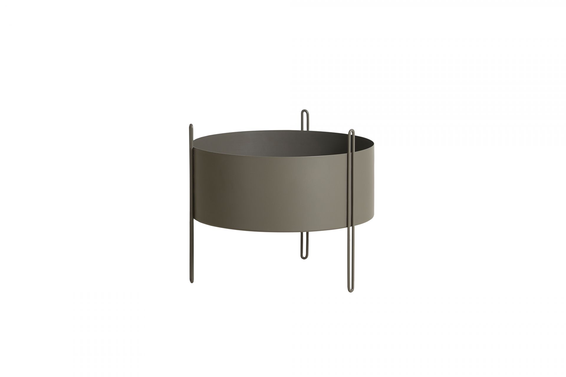 Pidestall Pflanzgefäß Medium Taupe von Woud: Runder, taupefarbener Blumentopf mit filigranem Metallgestell.