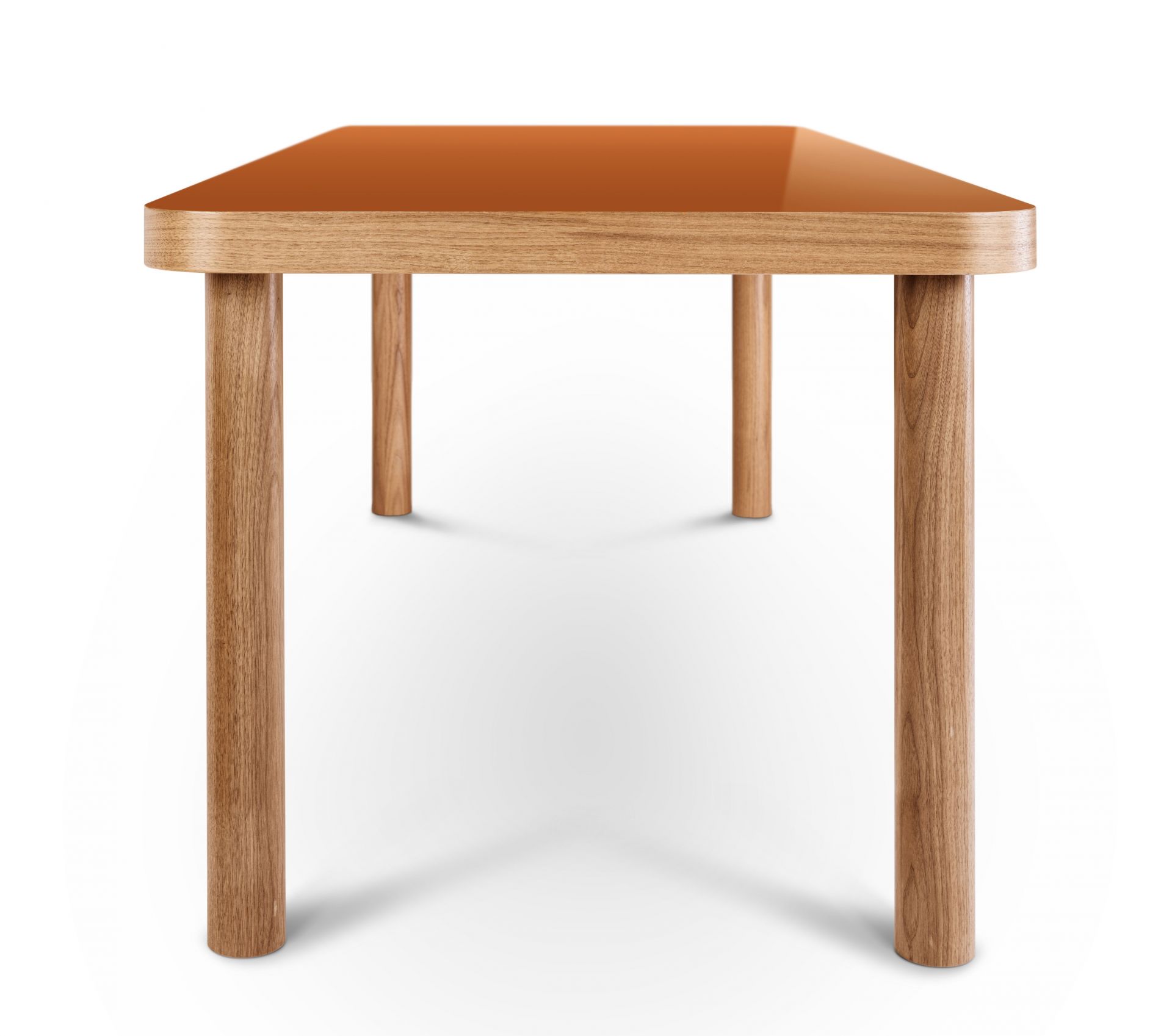 SÄULE Esstisch von Wiener GTV Design: Moderner Holztisch mit brauner Tischplatte und runden Beinen.