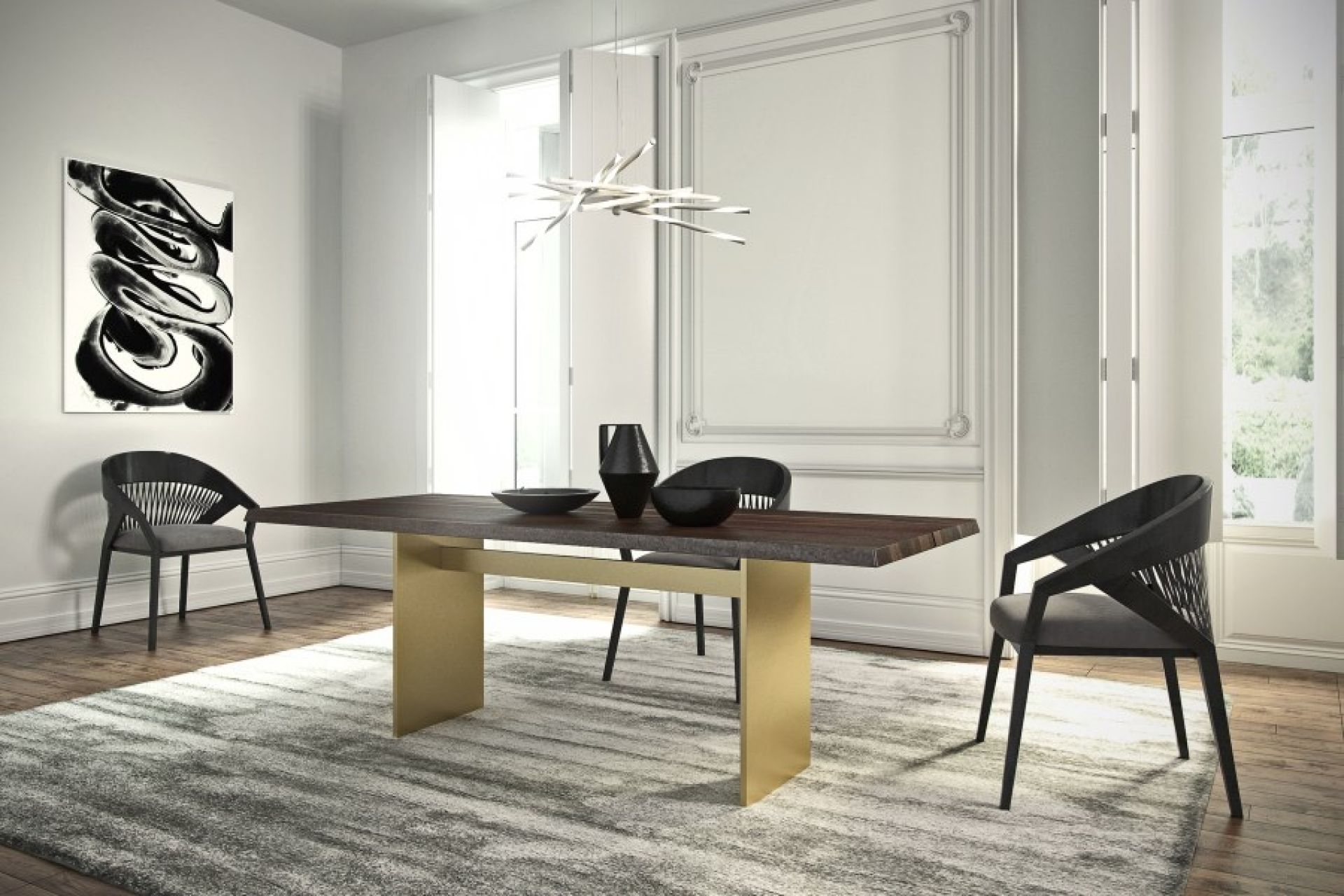 Natt Esstisch: Moderner Holztisch mit goldenem Gestell und stilvollen Stühlen in elegantem Esszimmer.