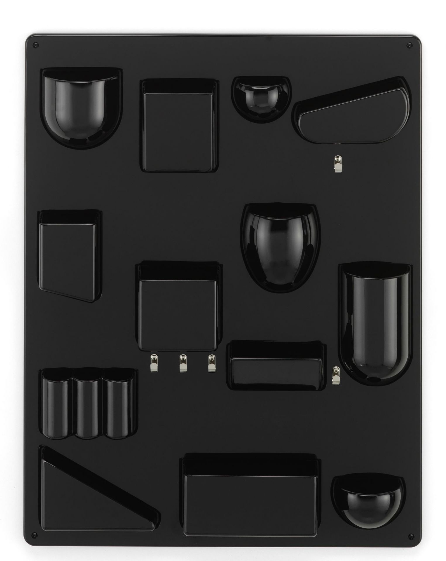 Schwarzes Vitra Uten.Silo RE II Ordnungssystem mit verschiedenen Fächern und Haken zur Wandmontage, ideal für Büro und Zuhause.