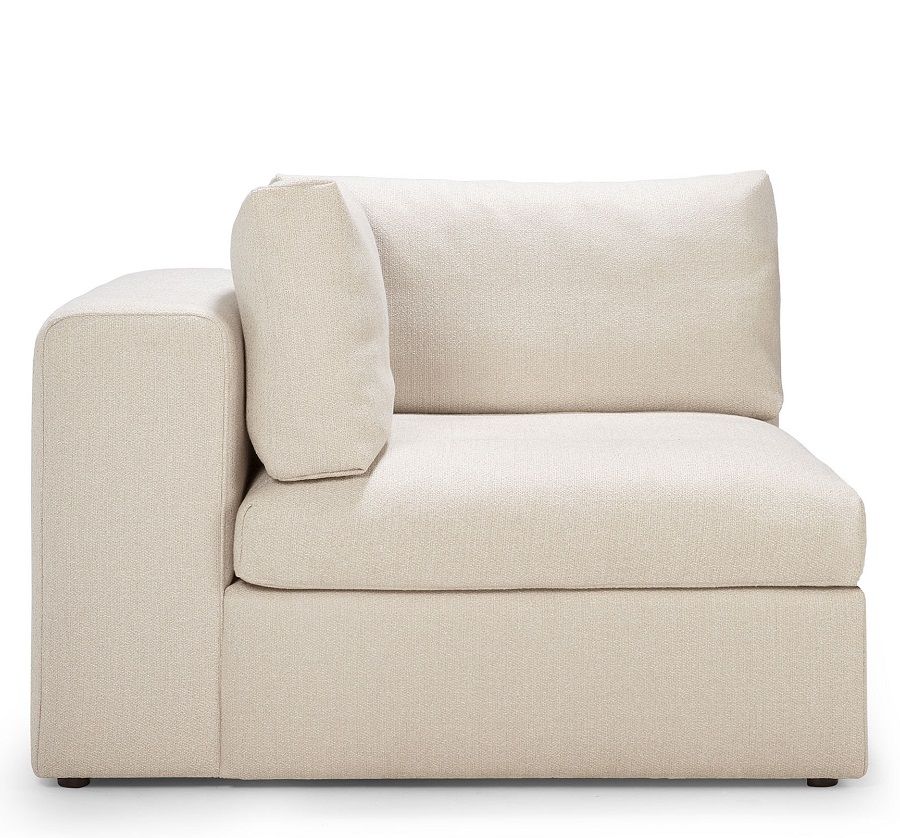 Ethnicraft Mellow Sofa Ecke in Off White: Modulares Ecksofa mit hellem, strukturiertem Stoffbezug.