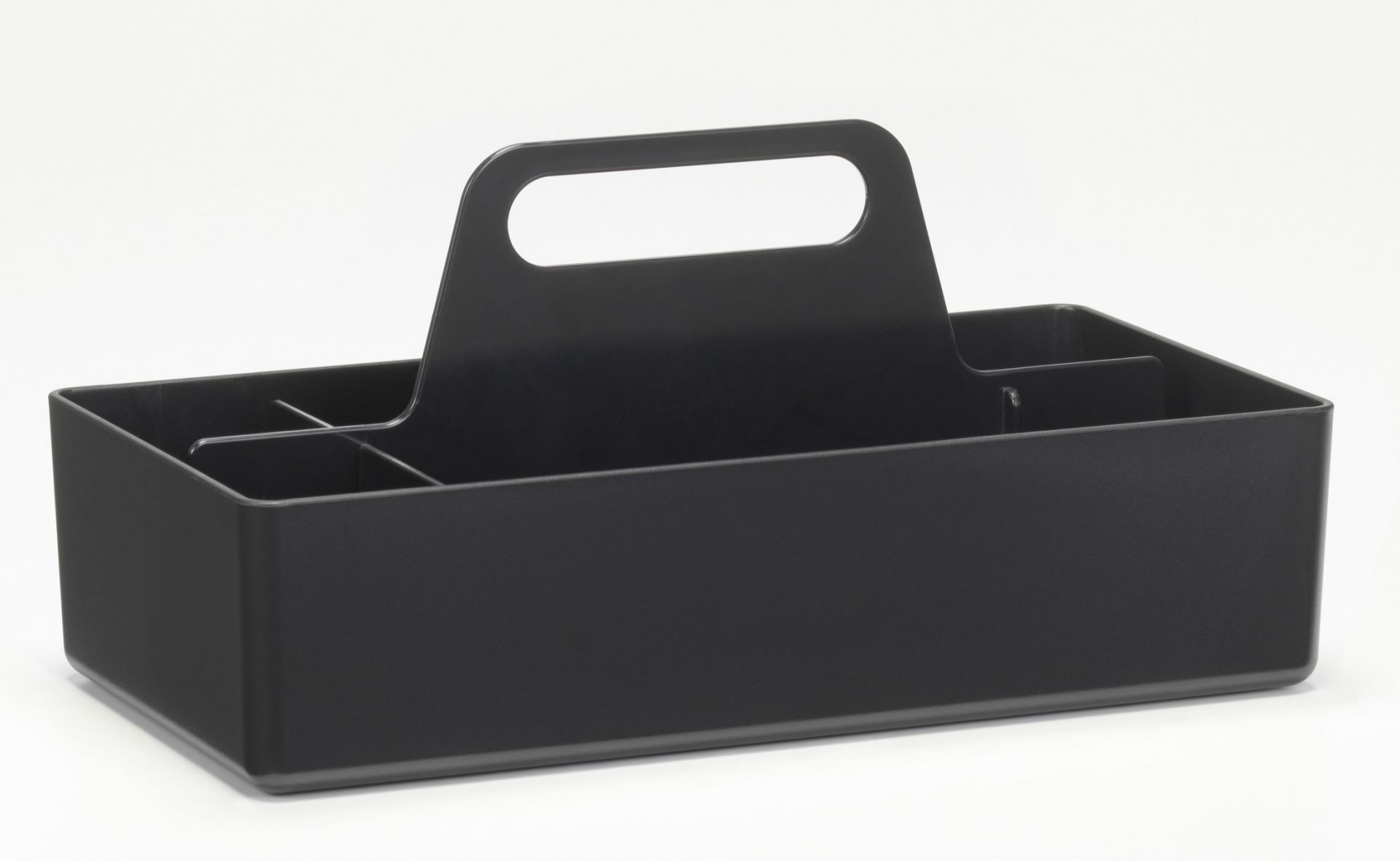 Dunkelgraue Vitra Toolbox RE, eine praktische Organisationsbox mit Tragegriff für Büro, Werkstatt oder Zuhause.