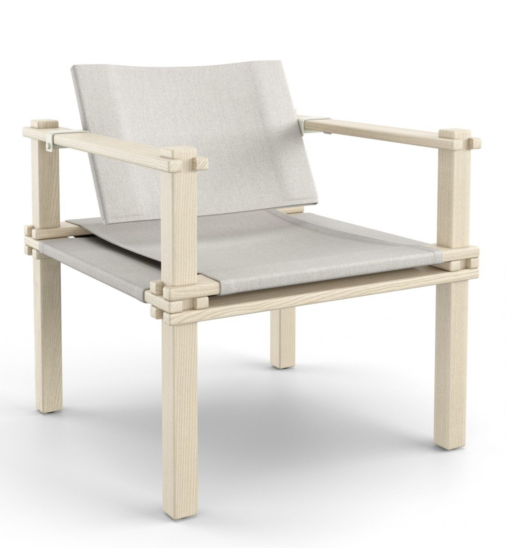 Farmer Sessel Outdoor Cor: Moderner Gartensessel aus hellem Holz und Stoffbezug für Terrasse und Balkon.