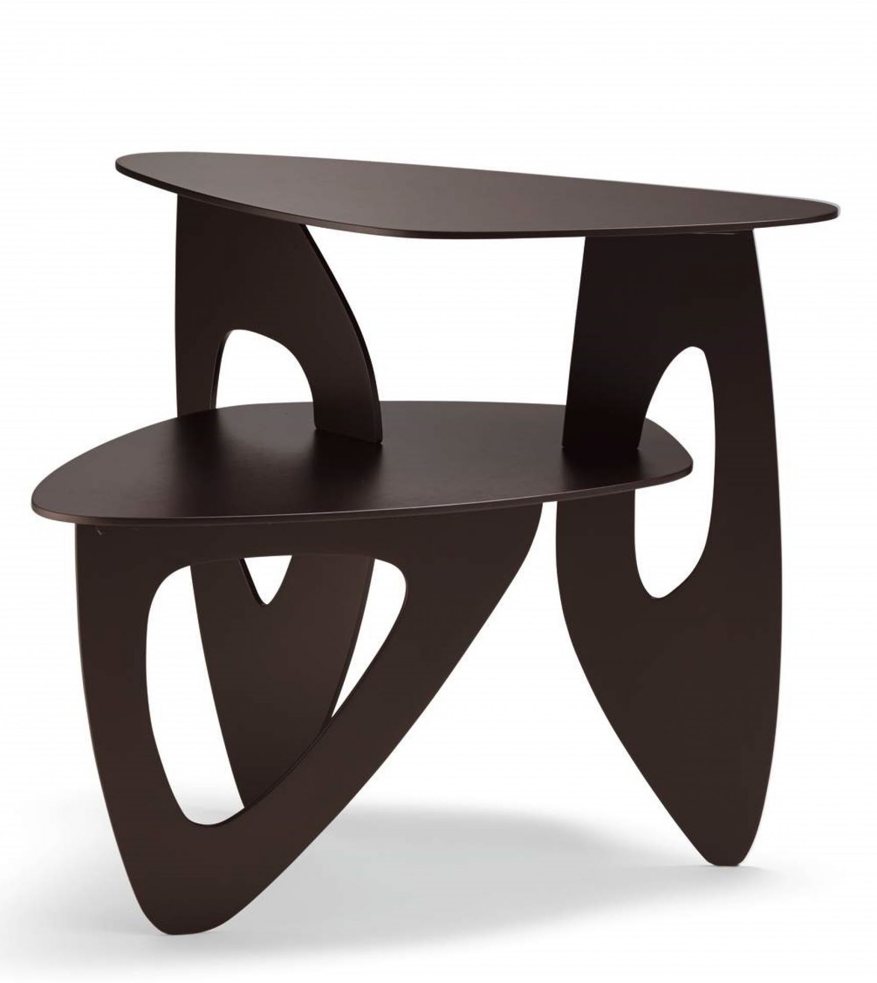 Dunkelbrauner Walter Knoll Tama Couchtisch mit zwei Ebenen und organischen Aussparungen im modernen Design.